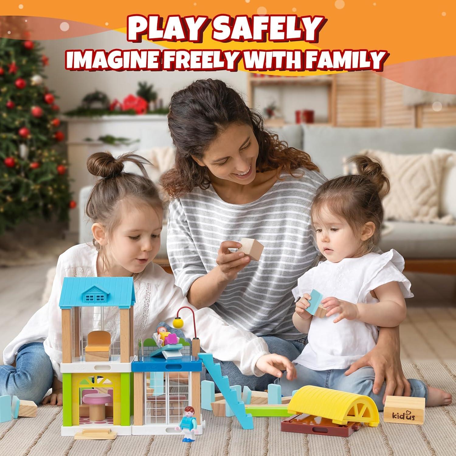 37-Piece Small Wooden Dollhouse, 3-Room DIY Doll House for Toddlers with 3 Movable Dolls, Dollhouse Furniture Accessories, Birthday Building Gift for Kids Ages 3-8 (8.15" L x 4.06" W x 9.17" H)