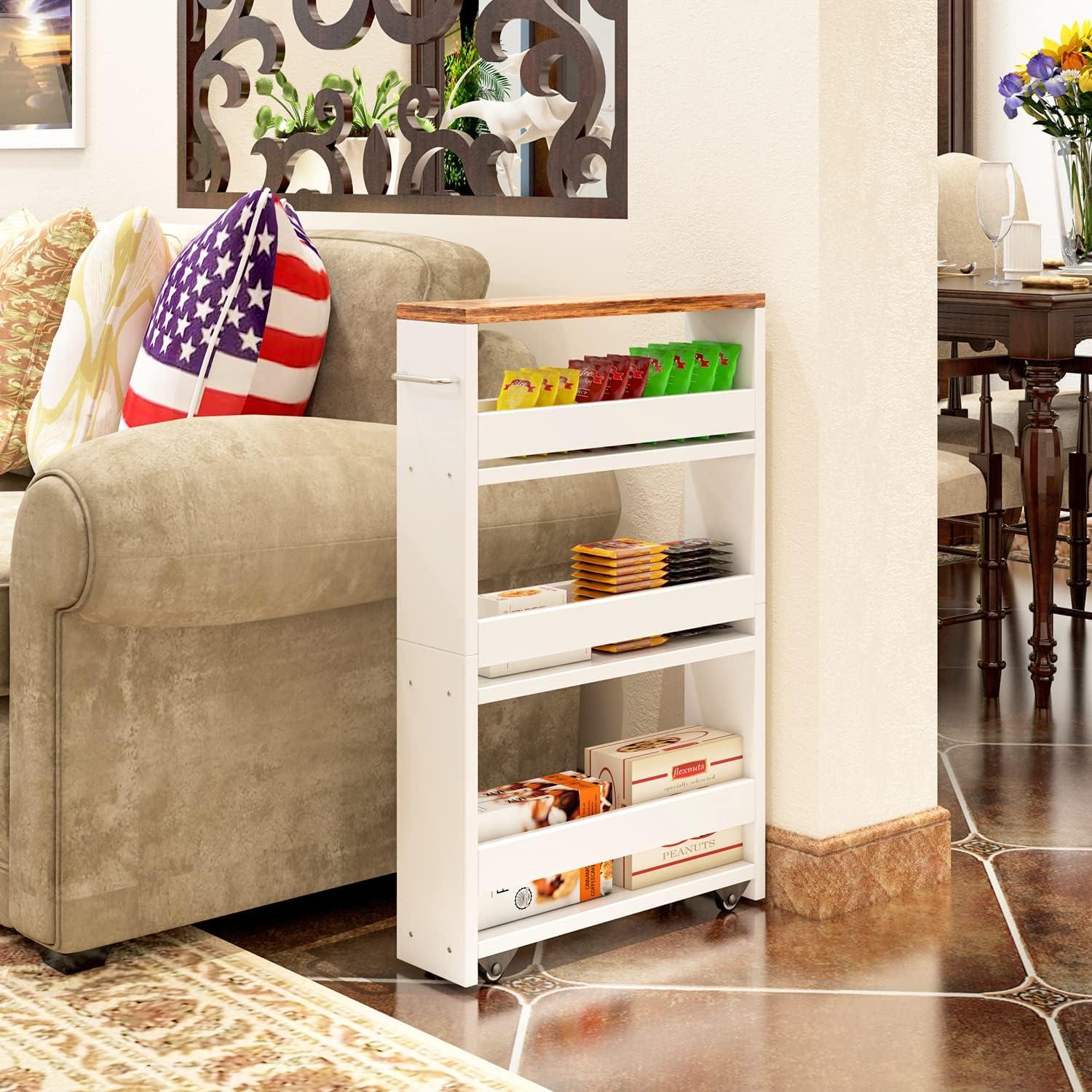 White Slim Rolling Kitchen Cart with Handle and Storage