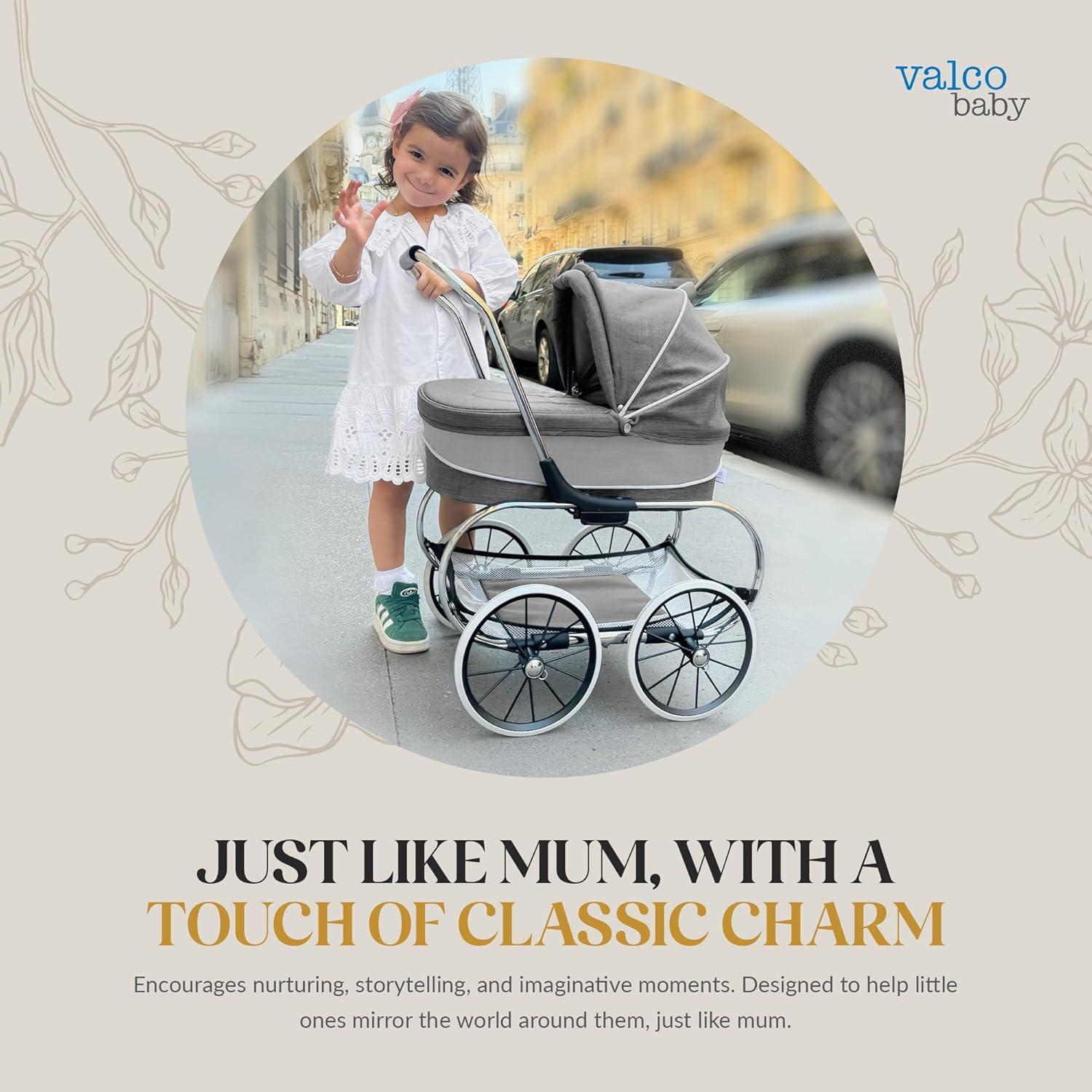 Valco Baby Princess Doll Stroller, High Quality Toy Stroller for Toddlers & Children, Excellent Holiday Gift for Realistic Pretend Play - Grey