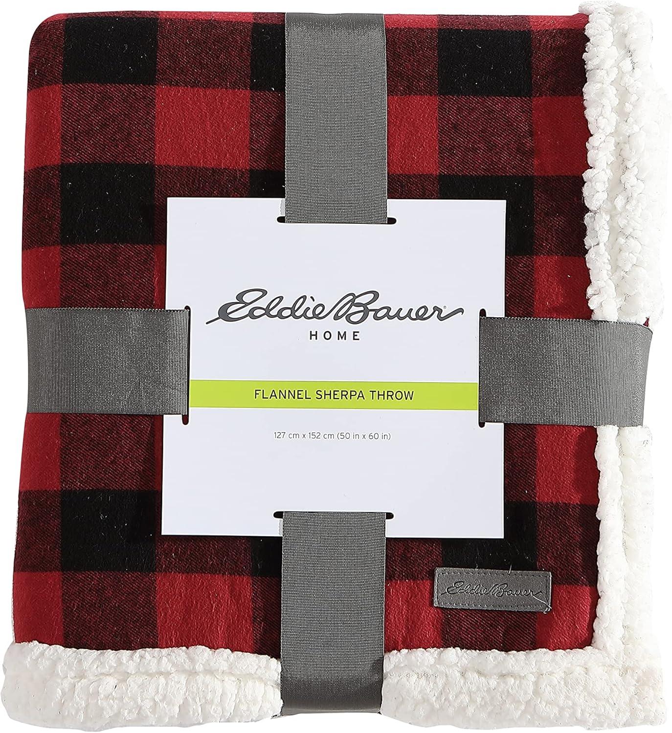 Eddie Bauer Cabin Plaid Black Sherpa 2 Piece Throw Blanket and Pillow Set