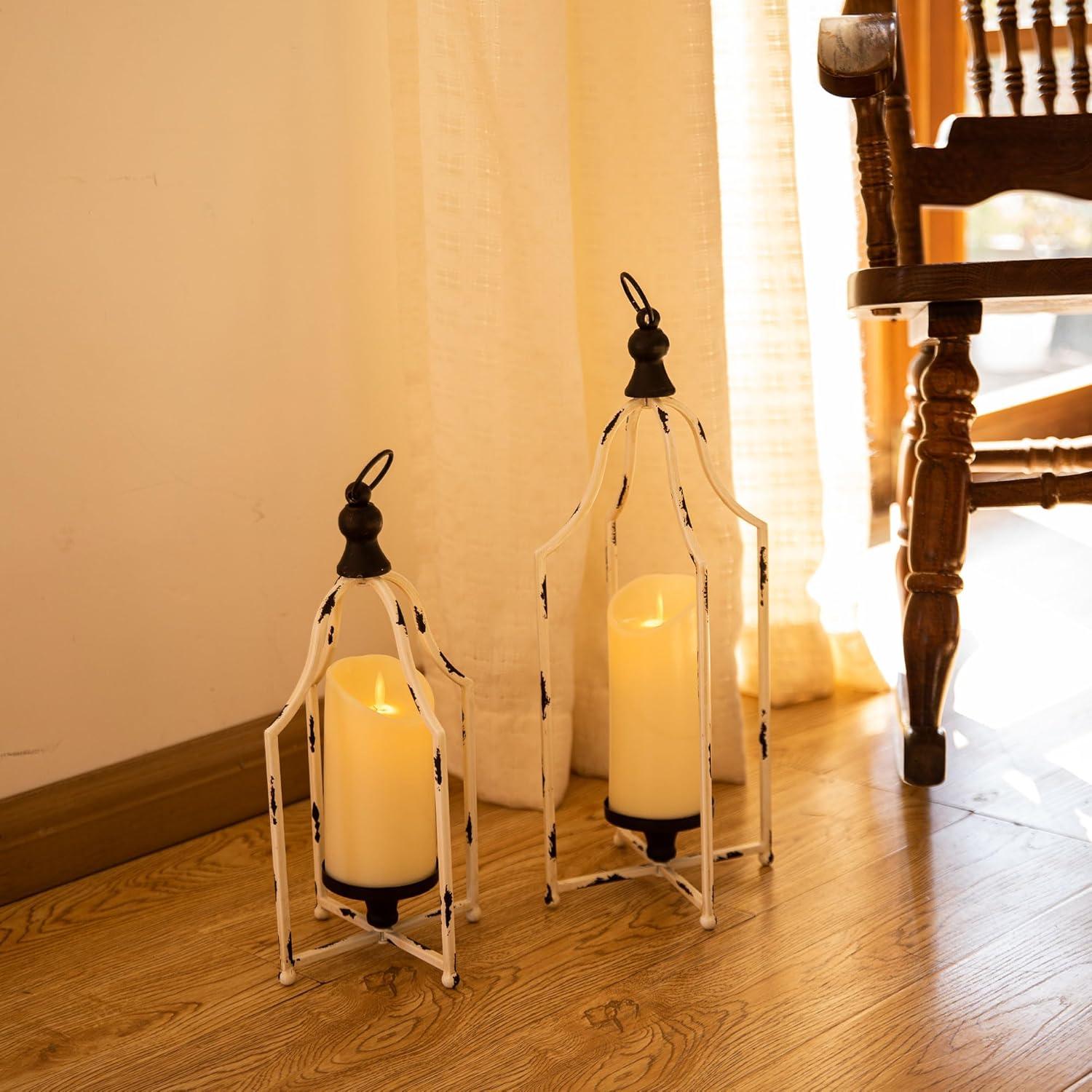HPC Decor Lanterns Decorative for Home Decor- 16.5''13'' White Metal Candle Lanterns Set of 2- Modern Farmhouse Lantern Decor for Outdoor, Indoor, Living Room, Dining Table or Fireplace Mantle Decor