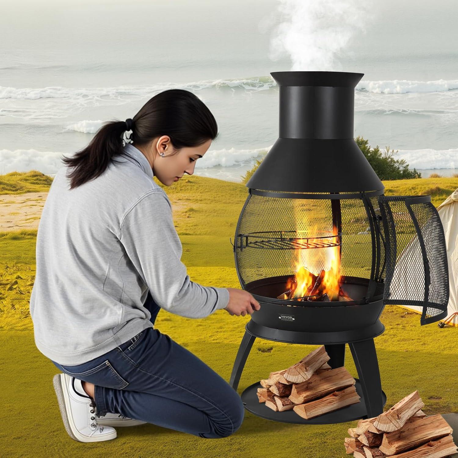VEVOR Chiminea, 22 Inch Outdoor Wood Burning Firepit, Iron Spherical Fireplace for BBQ & Warming, Wooden Fire Pit with Grill Mesh, Chimney Coat & Rustproof Chiminea Lid, for Patio, Garden, Backyard