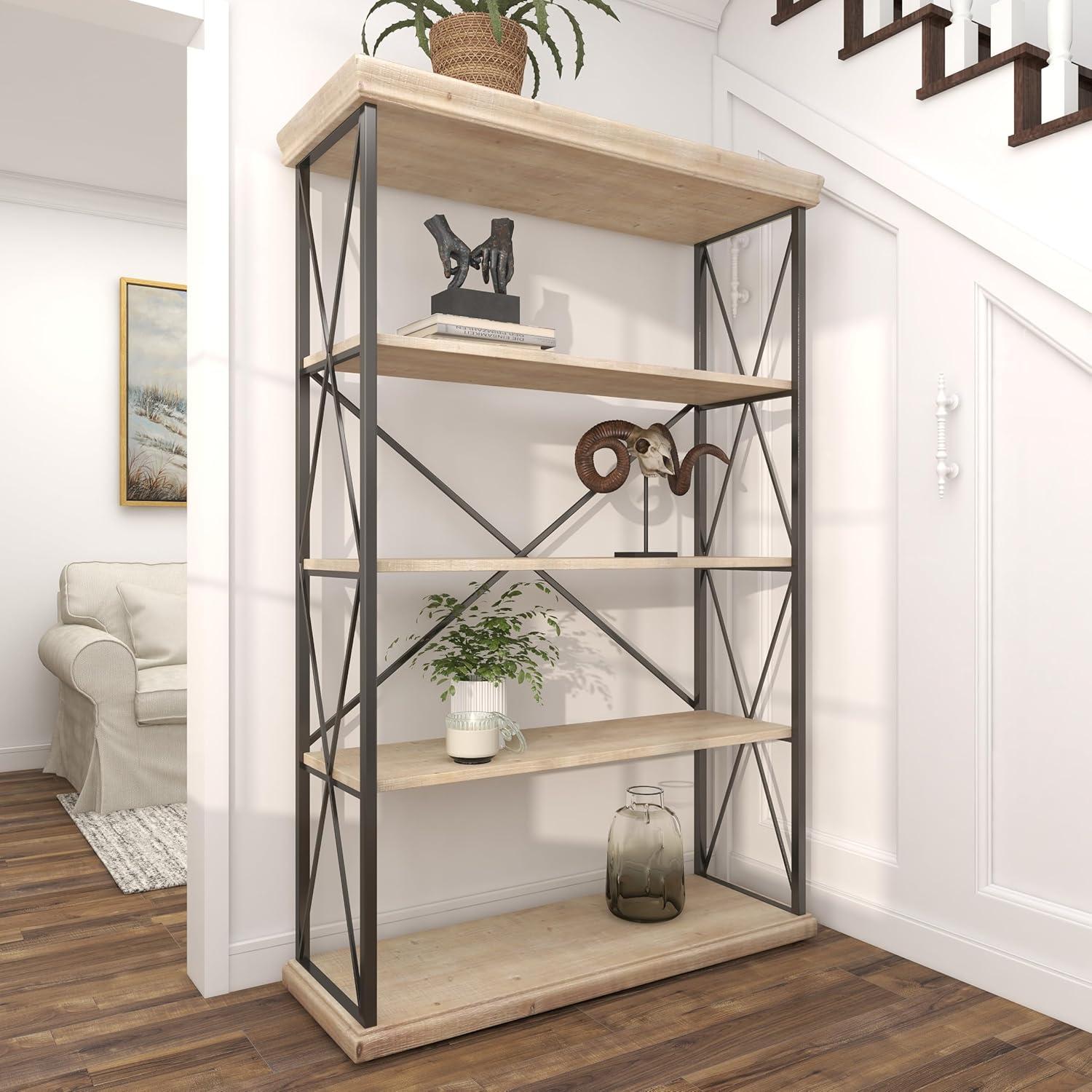 72" Farmhouse 4 Tier Shelf Brown - Olivia & May: Industrial Style Hardwood Bookcase with Storage Bins