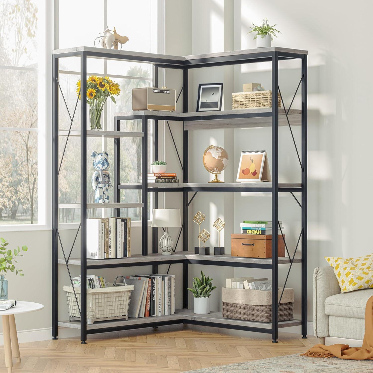 JAMFLY 5-Tier Corner Bookshelf, Industrial Corner Bookcase, Book Shelves with Metal Frame, Large Open Display Bookshelves, L-Shaped Shelf for Living Room, Home Office, Rustic Brown