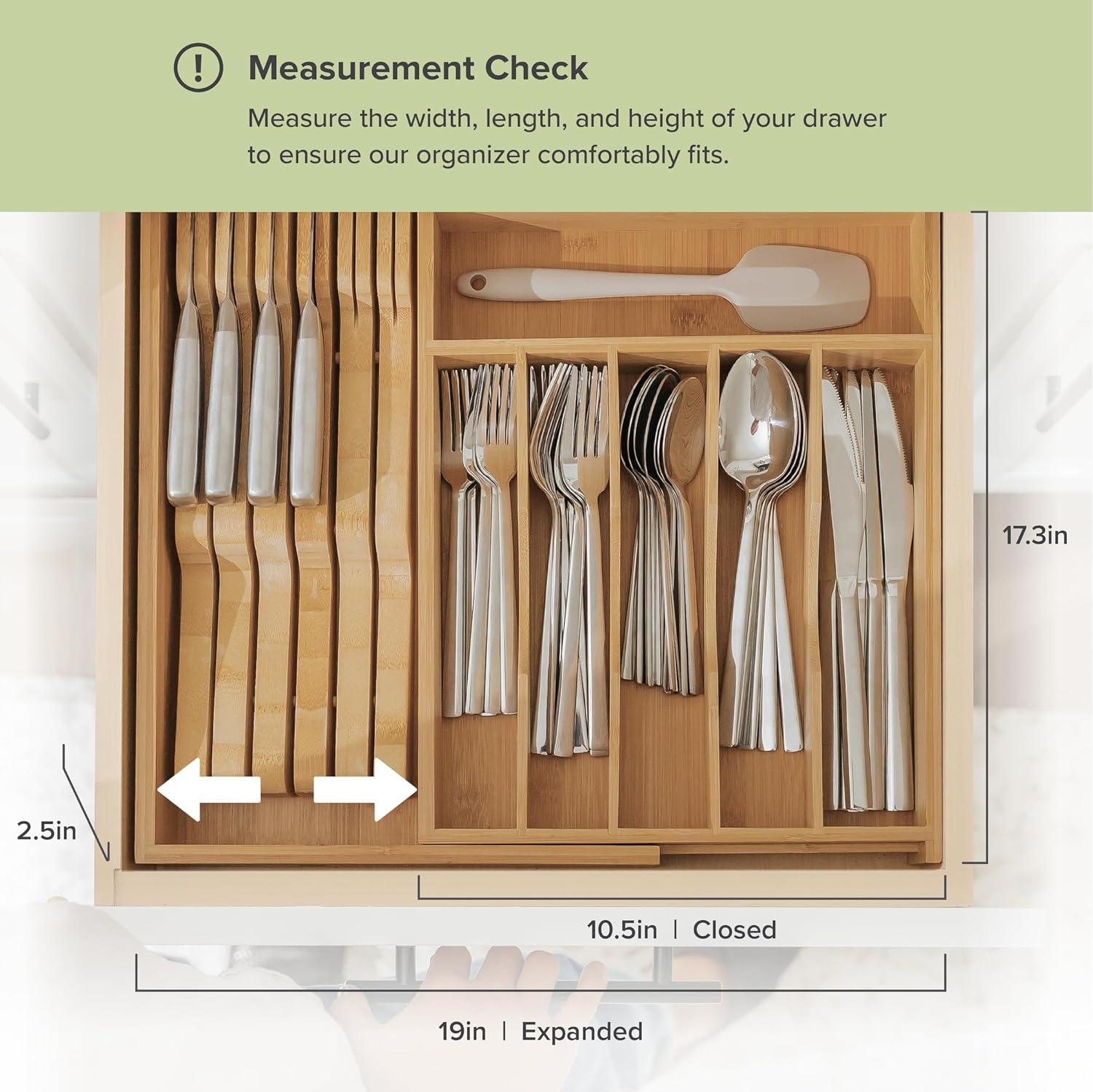 Expandable Natural Bamboo Kitchen Drawer Organizer with 8 Compartments