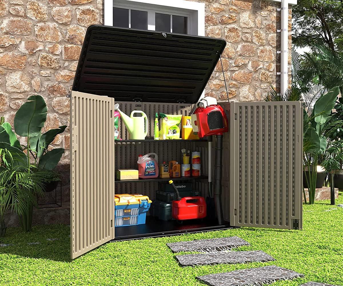 Large Brown Resin Outdoor Storage Shed with Shelving