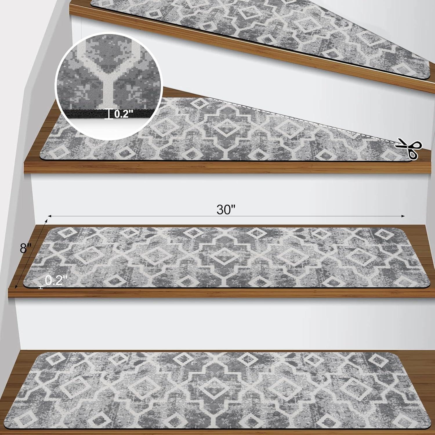 Bungalow Rose Stair Treads Non Slip For Wooden Steps, 15PCS 8"X30" Grey Rubber Backing Stair Runner Mats, Washable Reusable Carpet For Stairs Rugs Indoor Safety Staircase Step Treads For Kids Elders Dogs