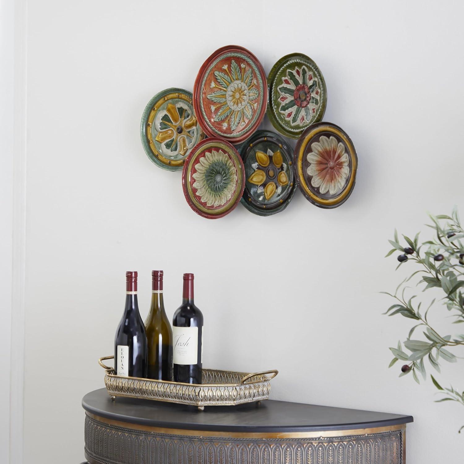 DecMode Rustic Metal Multi Colored Round Plates with Flower Petal Design Wall Decor, 31"W x 19"H