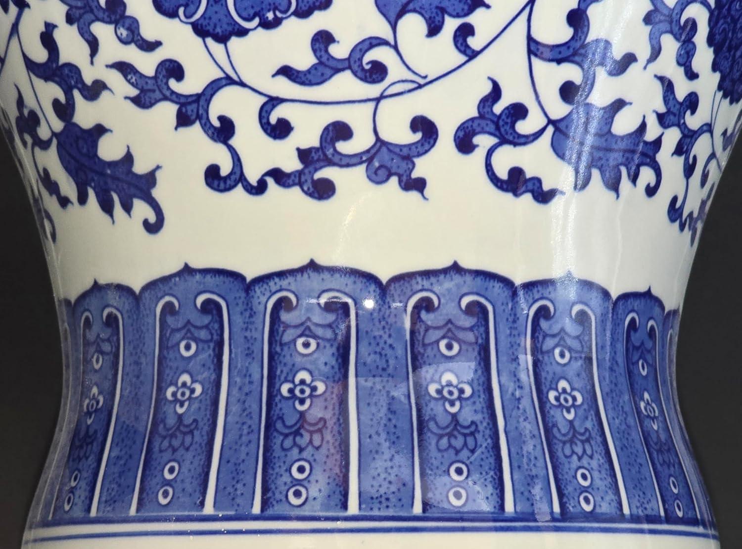 24" Floral Blue & White Porcelain Temple Jar