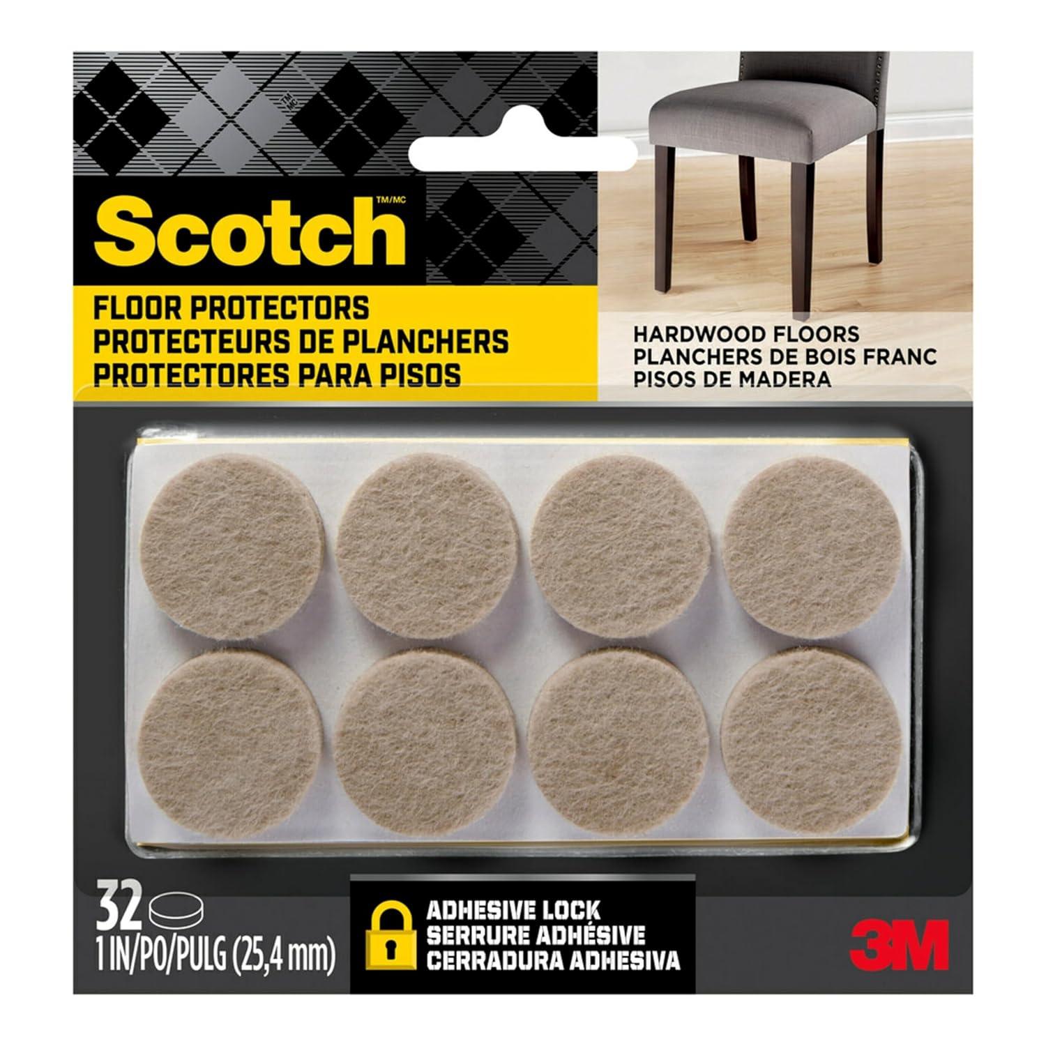 Scotch 1" 32pk Felt Pads Beige: Anti-Scratch Furniture & Chair Leg Protection, Floor Pad, 1" x 0.2" Felt, 32ct