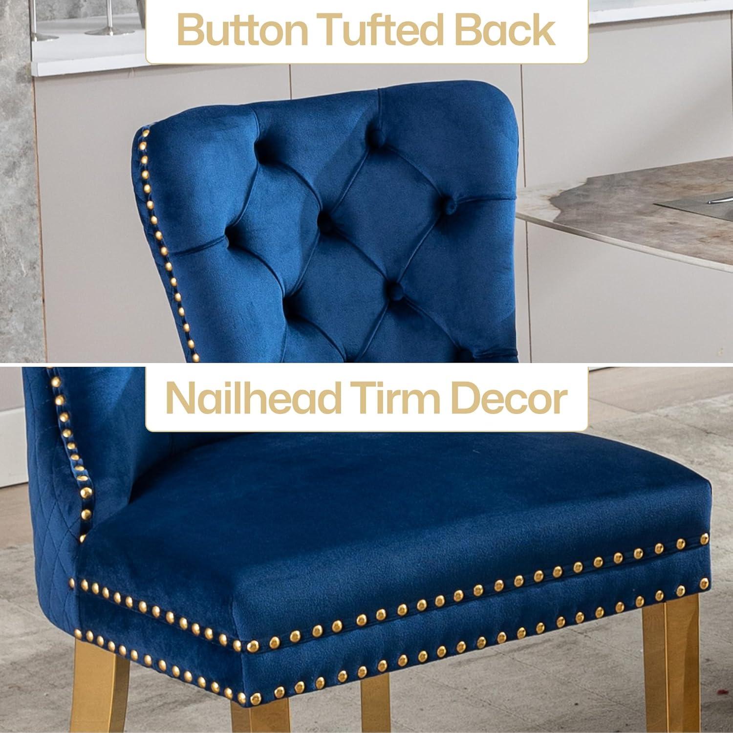 Velvet Upholstered Dining Chairs, Set of 2, Dining Room Tufted Chair, Modern Button Tufted Armless Chairs with Nailhead Trim and Back Ring Pull, Gold Legs, for Dining Room, Kitchen, Navy