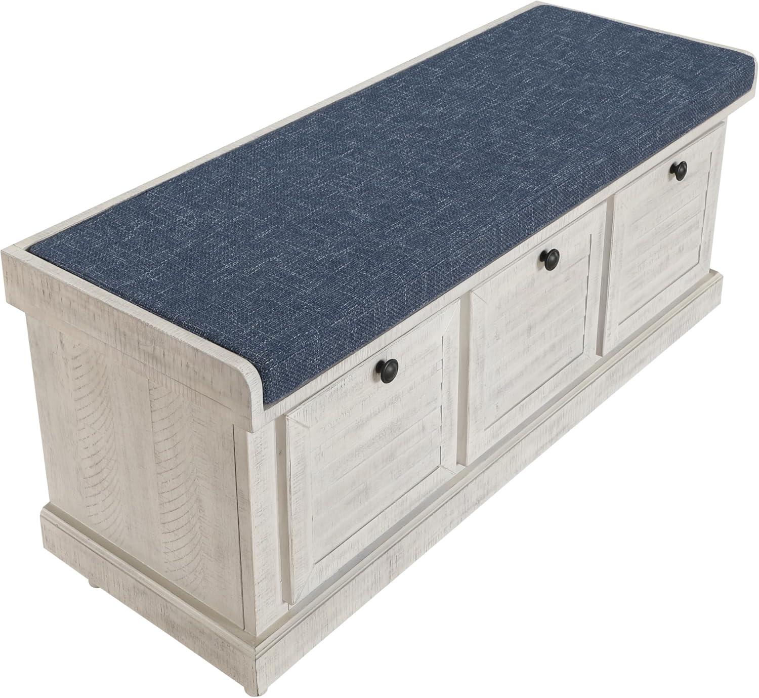 Dover Storage Bench in Wood Distress White with Navy Fabric Cushion ASM