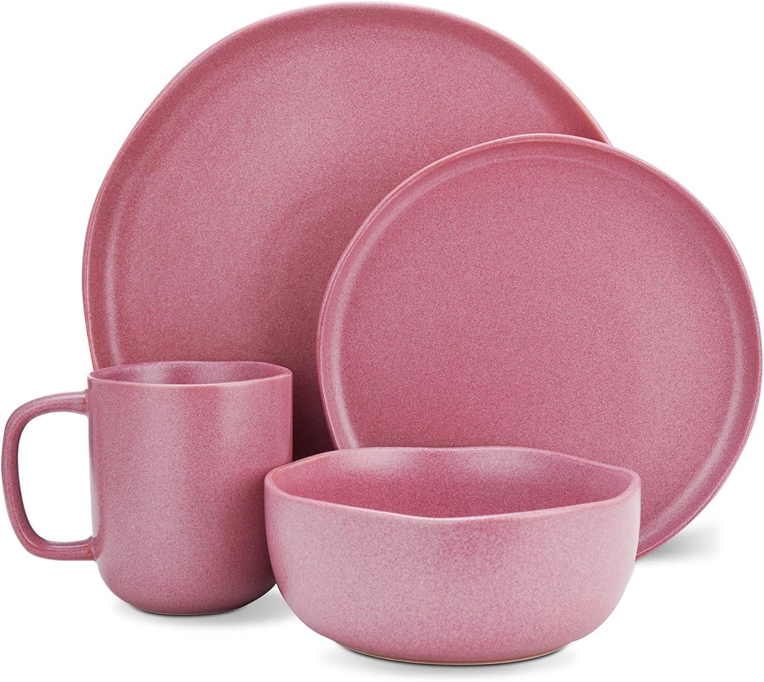 Pink and White Ceramic 16-Piece Dinnerware Set with Reactive Glaze