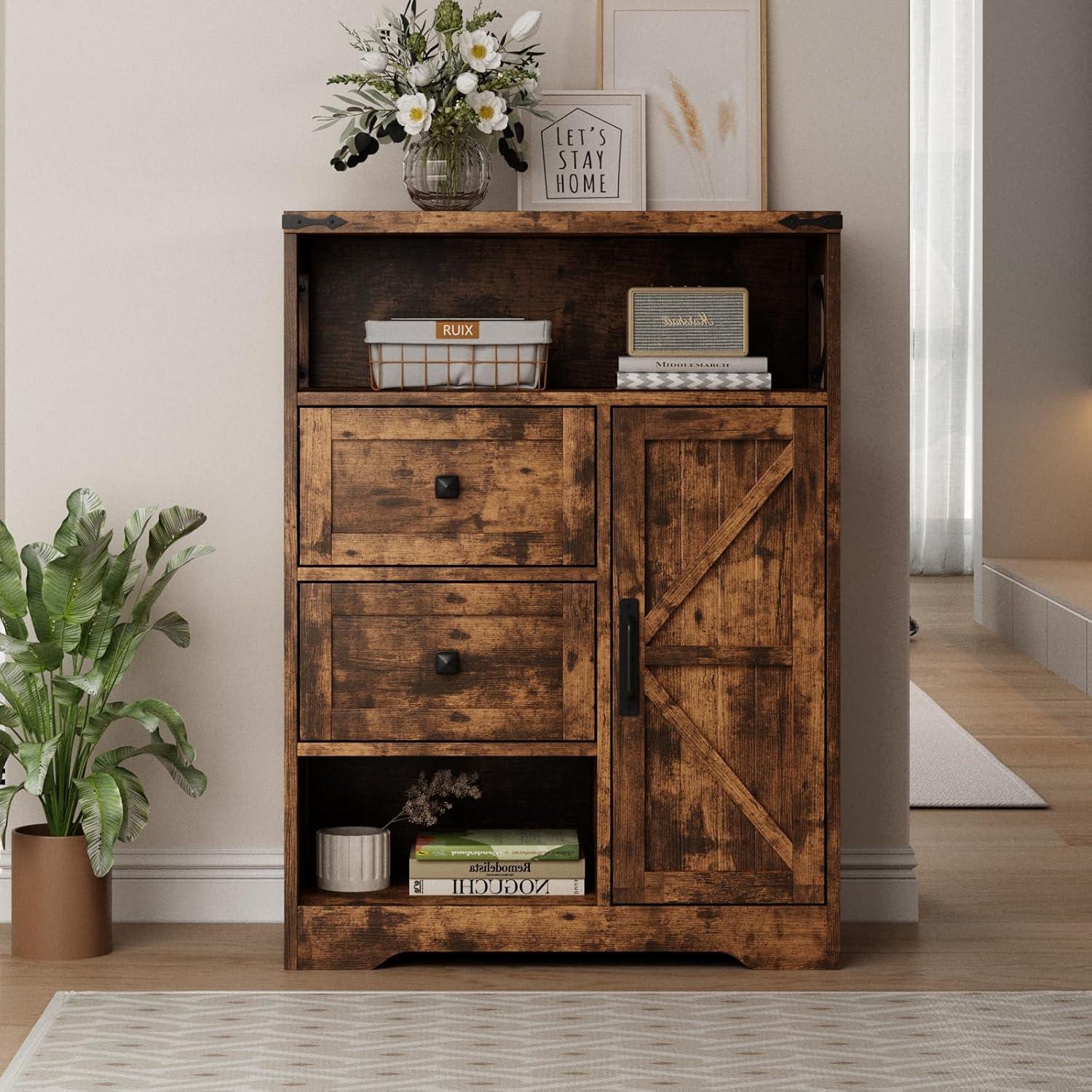 Rustic Brown Wood Living Room Storage Cabinet with Adjustable Shelving