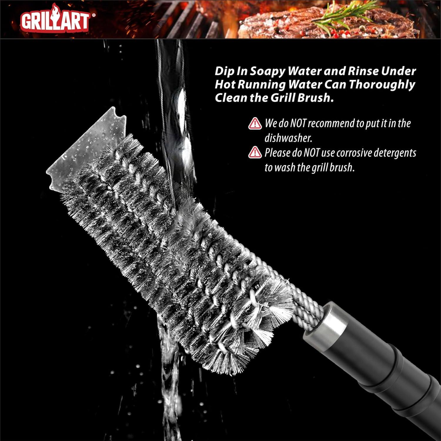 GRILLART Grill Brush and Scraper with Deluxe Handle, Safe Wire Grill Brush BBQ Cleaning Brush Grill Grate Cleaner for Gas Infrared Charcoal Porcelain Grills, BR-8529