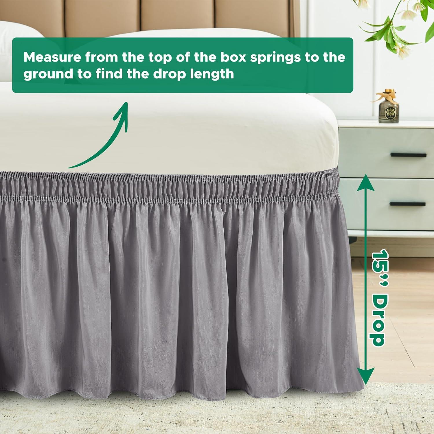 NEWEEN Wrap Around Bed Skirts for Queen Beds 15 Inches Drop, Silver Grey Elastic Dust Ruffles Easy Fit Wrinkle & Fade Resistant Silky Luxurious Fabric Solid Machine Washable