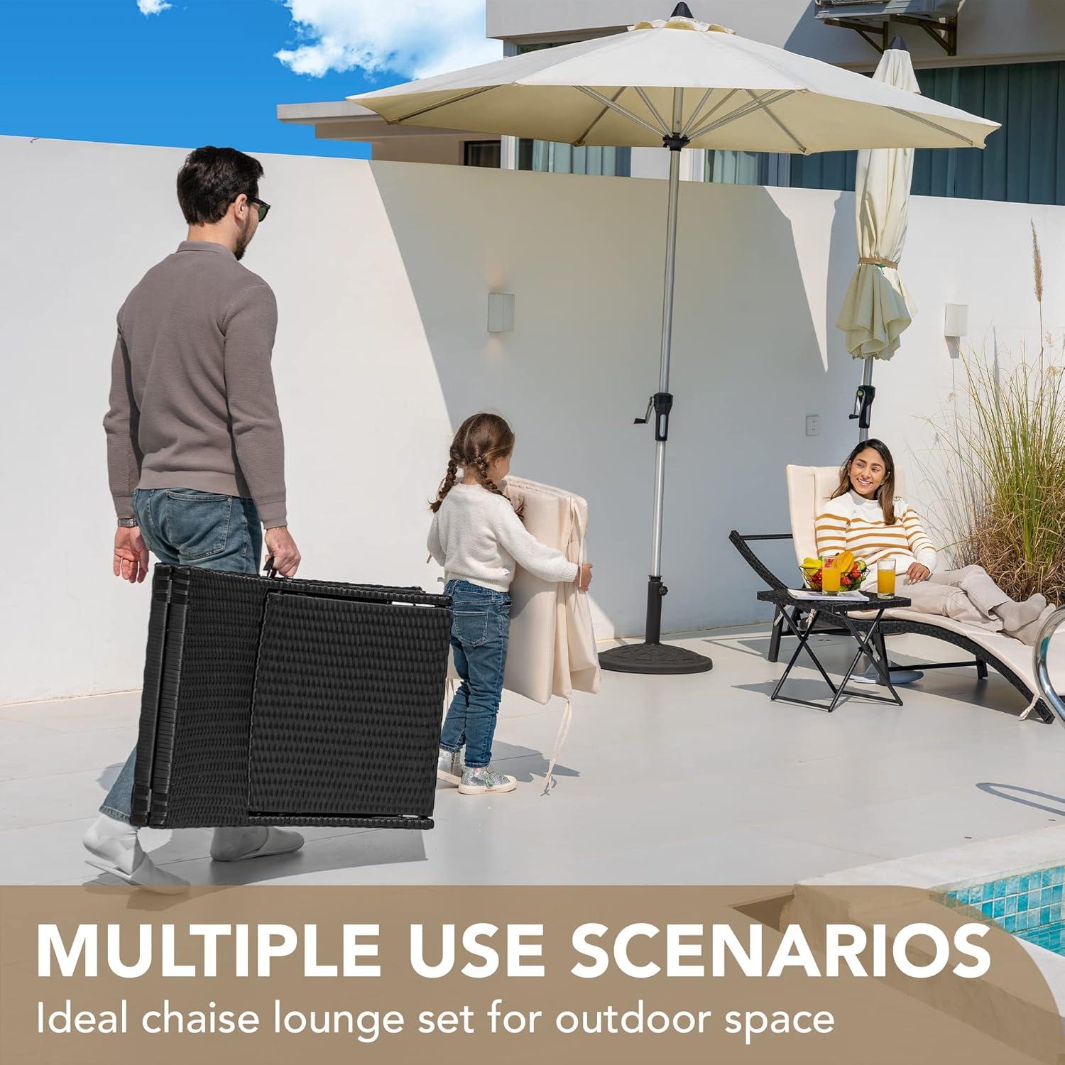 Devoko 3 Pieces Patio Lounge Chaise Chair Set Outdoor PE Rattan Folding Chair Sets with Table, Beige