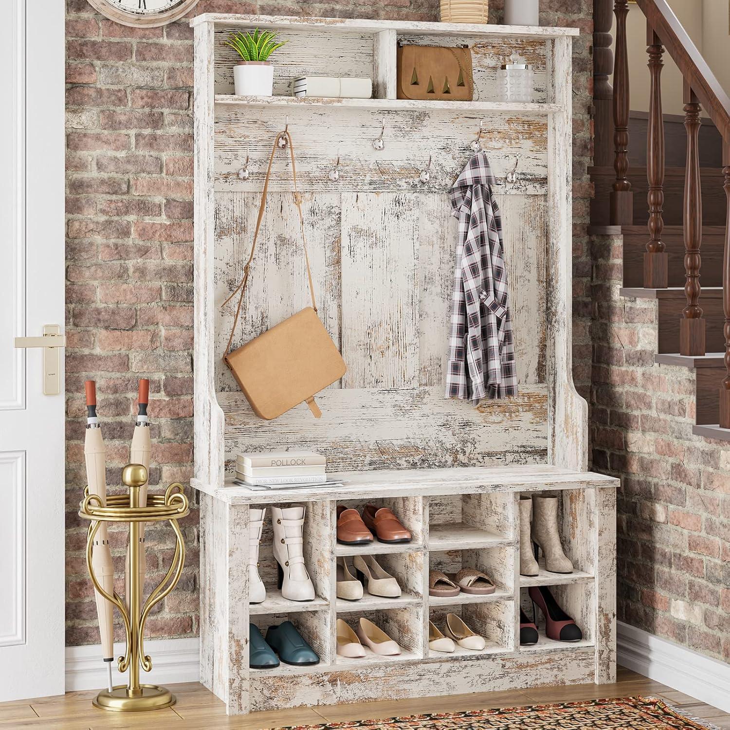 Vintage White Hall Tree with Bench and Adjustable Shoe Storage