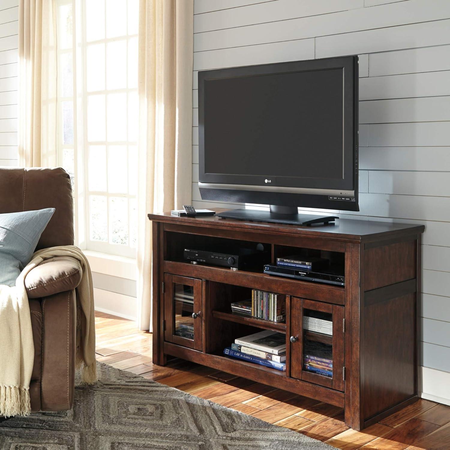 Reddish Brown 50" Transitional TV Stand with Glass Cabinet Doors