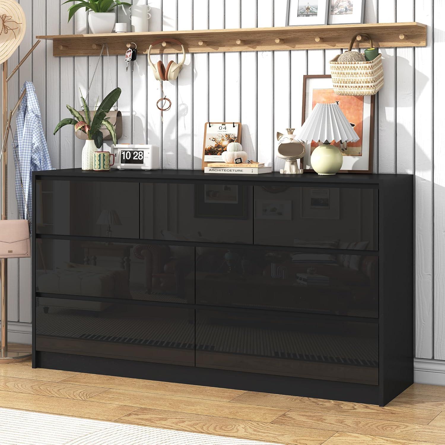 Ebern Designs White Dresser for Bedroom with 7 Drawers, Modern High Gloss Large Dresser with 7 Handle Free Drawers, 55 Inch Wooden Long Dresser, Storage Chest of Drawers