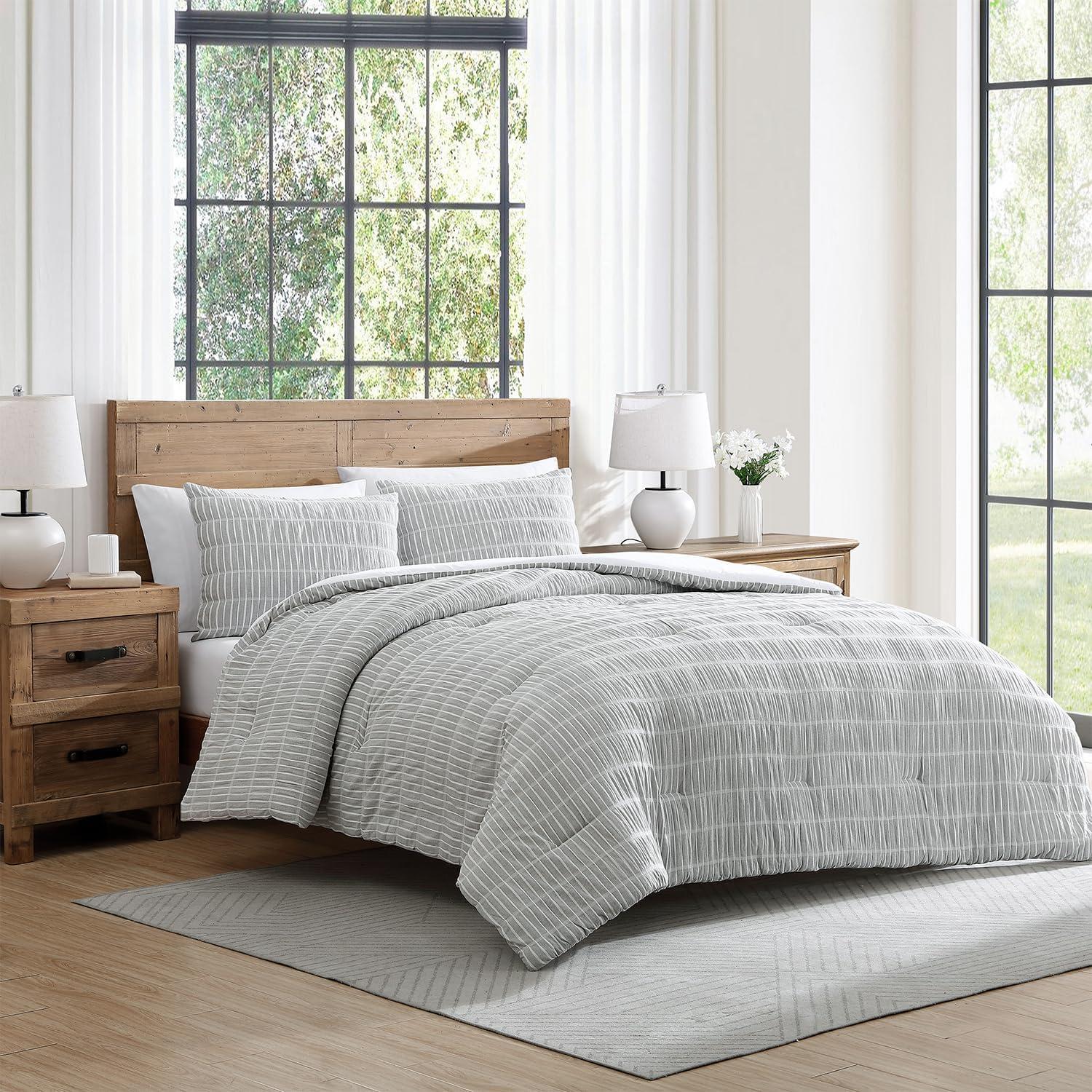 Full Gray Cotton Puckered Seersucker Comforter Set