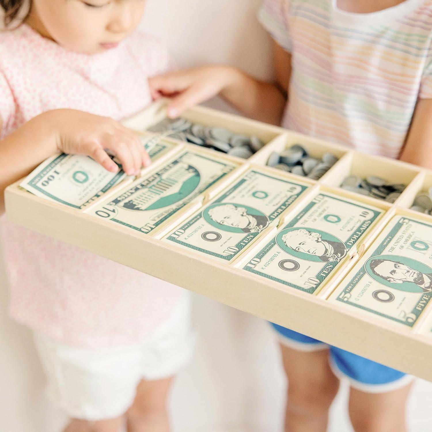 Melissa & Doug Play Money Set - Educational Toy With Paper Bills and Plastic Coins (50 of each denomination) and Wooden Cash Drawer for Storage
