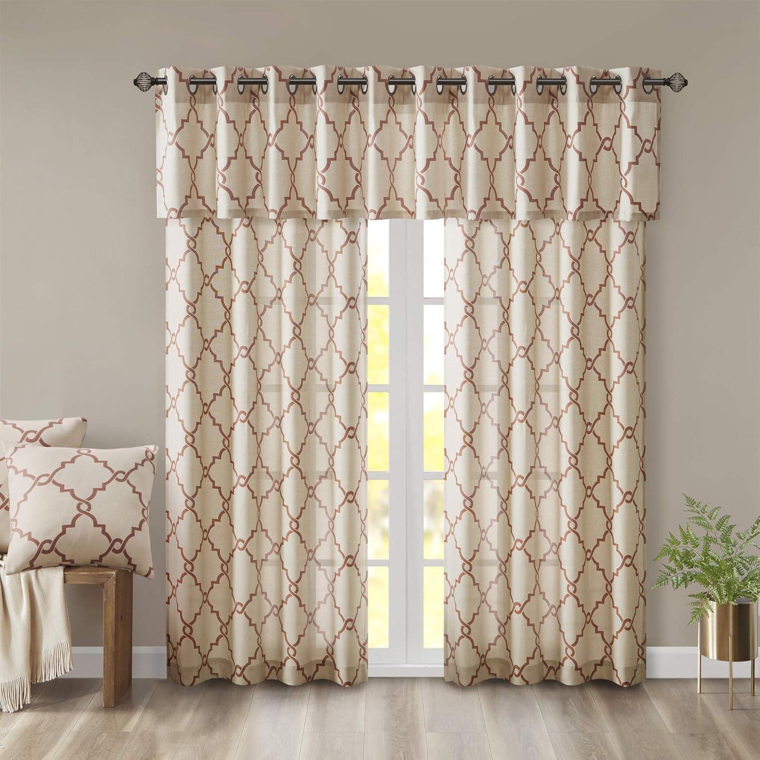 Beige and Spice Fretwork Cotton Blend Grommet Curtain Panel