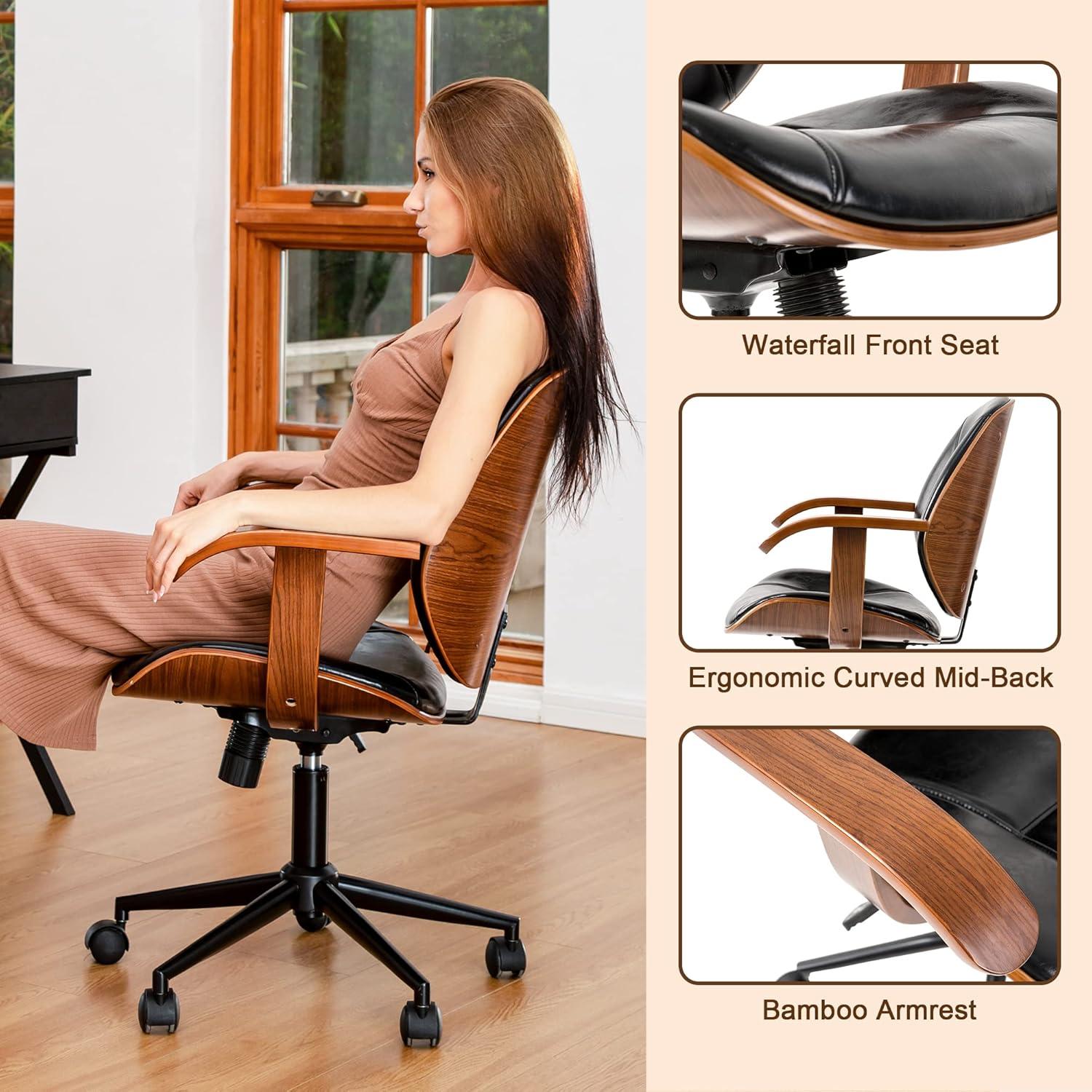 Glitzhome Leather Home Office Chair with Arm, Mid-Back Adjustable Executive Swivel Desk Task Chair,Beige