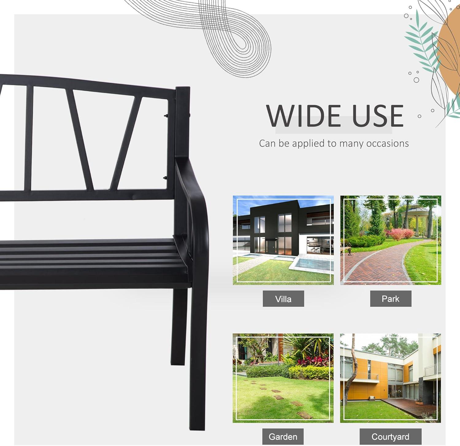 Outsunny Metal Garden Bench, Black Outdoor Bench for 2 People, Park-Style Patio Seating Decor with Armrests & Backrest, Black