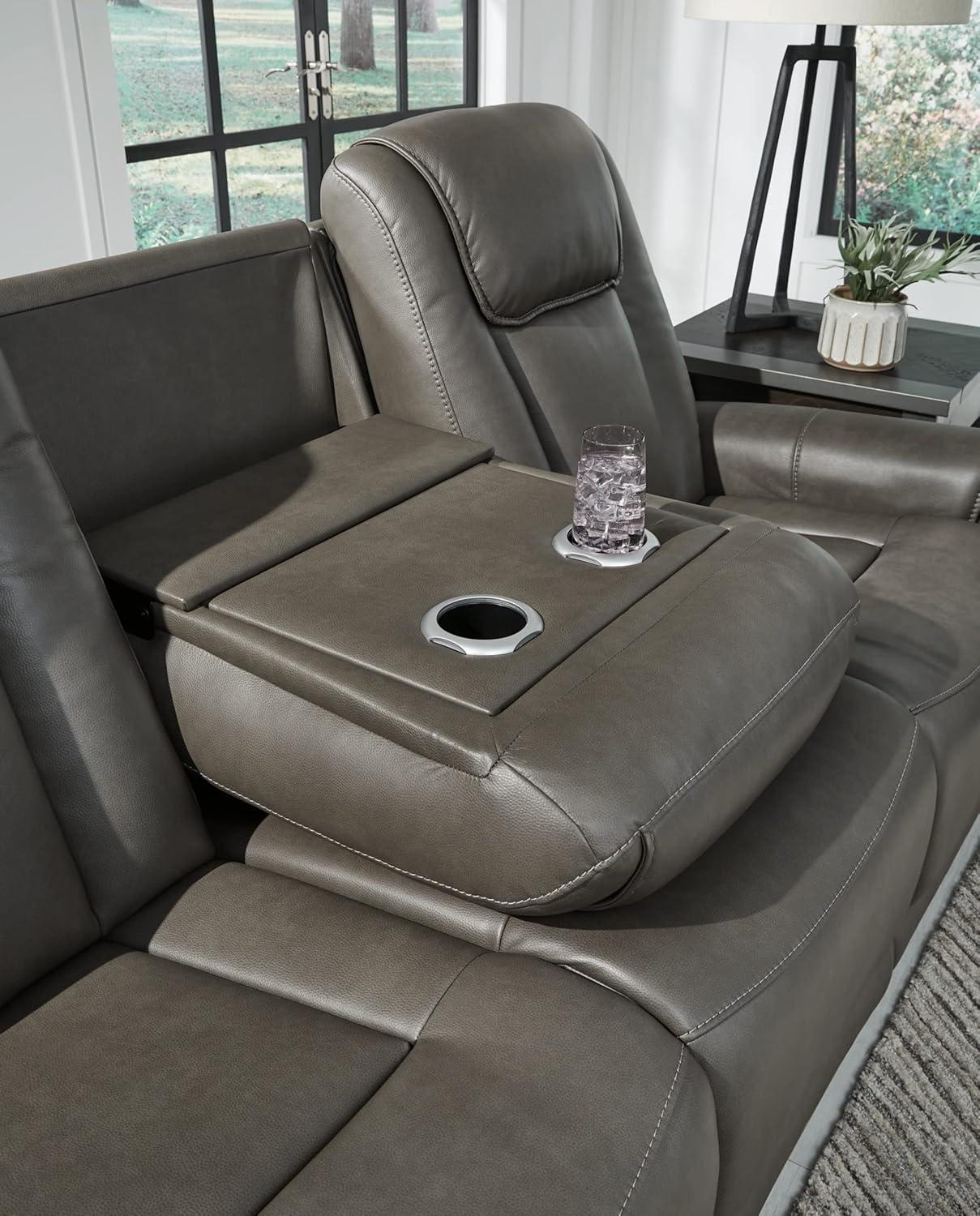 Contemporary Gray 85'' Faux Leather Power Reclining Sofa with Cup Holder