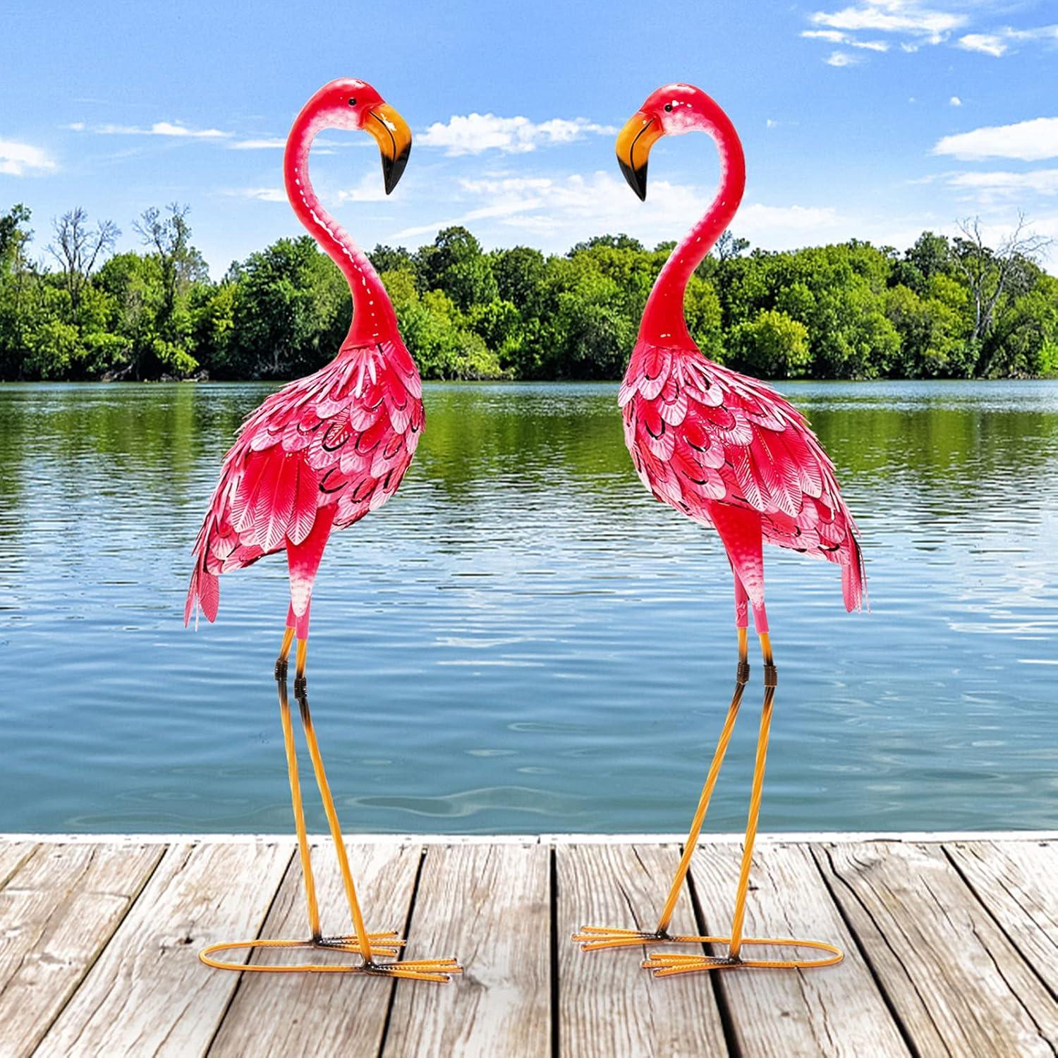 Giantex Flamingo Garden Statues Set of 2, Standing Metal Flamingo Sculptures Bird Ornament Yard Decorations for Lawn Backyard Porch Patio Outdoor Decor, with 4 U-Shaped Stakes (Flamingo)