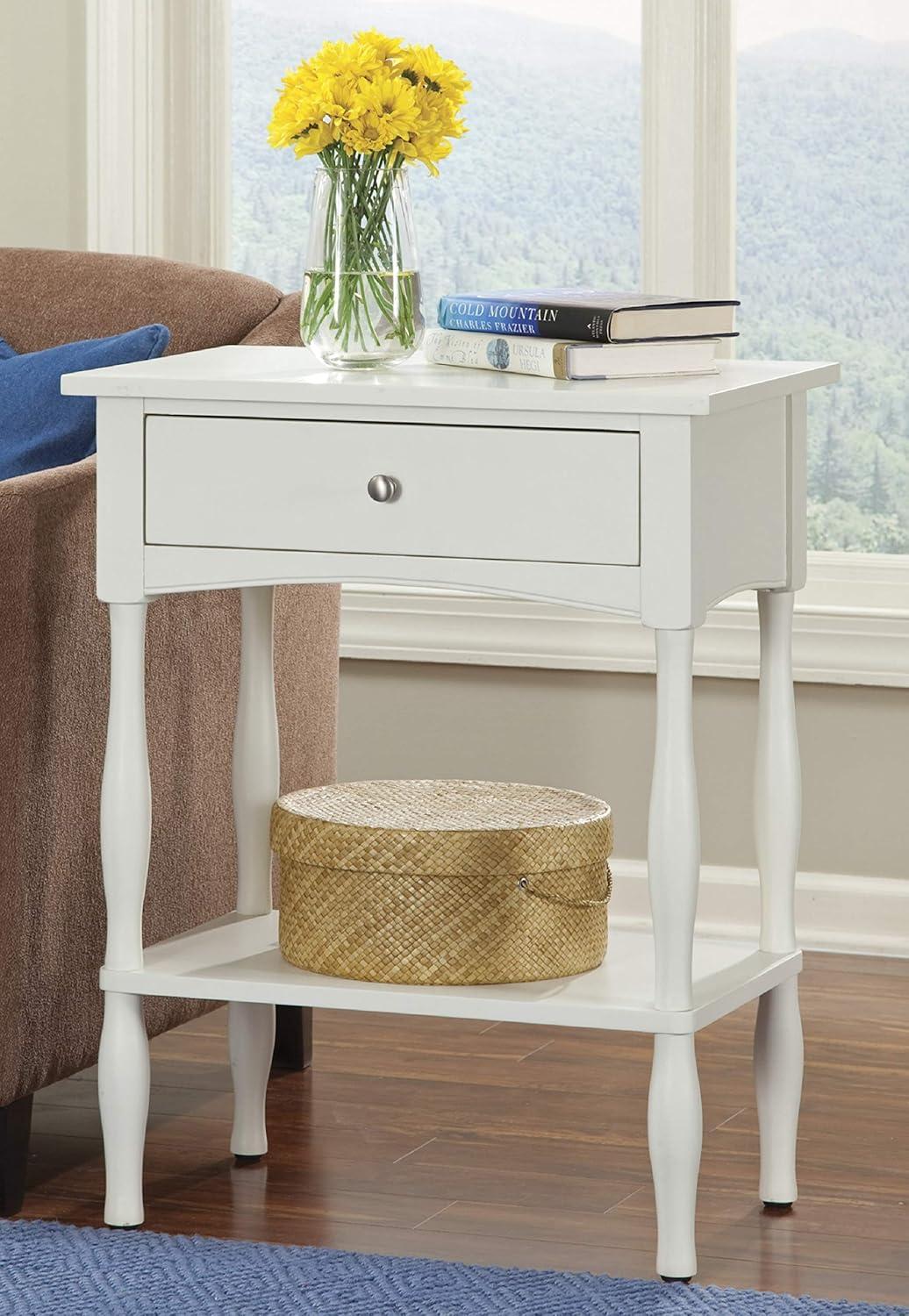 End Table Hardwood Ivory with Drawer & Shelf - Alaterre Furniture: Cottage Style, Turned Legs
