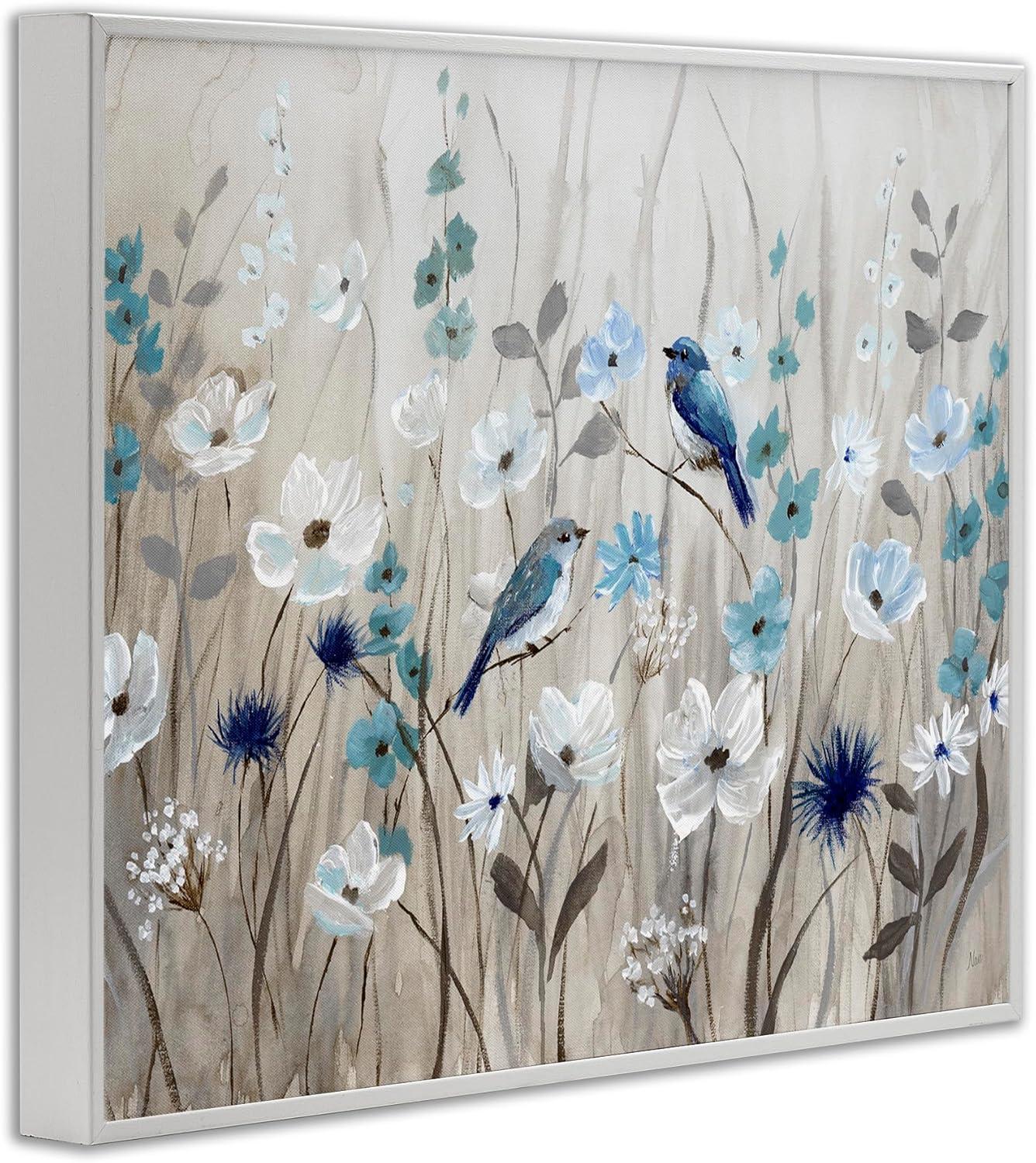 Stupell Birds in Meadow Blue Blossoms White Framed Giclee, 11 x 14