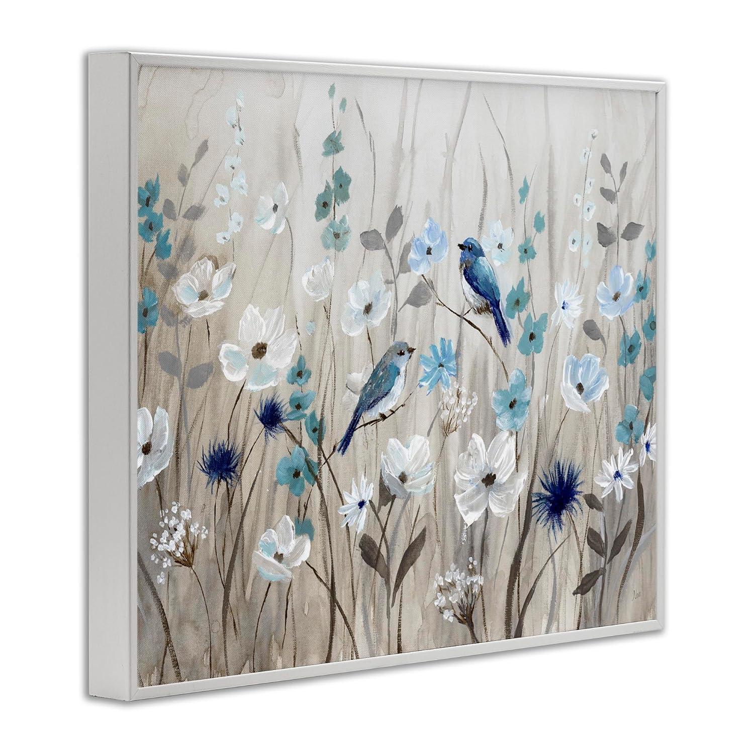 Stupell Birds in Meadow Blue Blossoms White Framed Giclee, 11 x 14