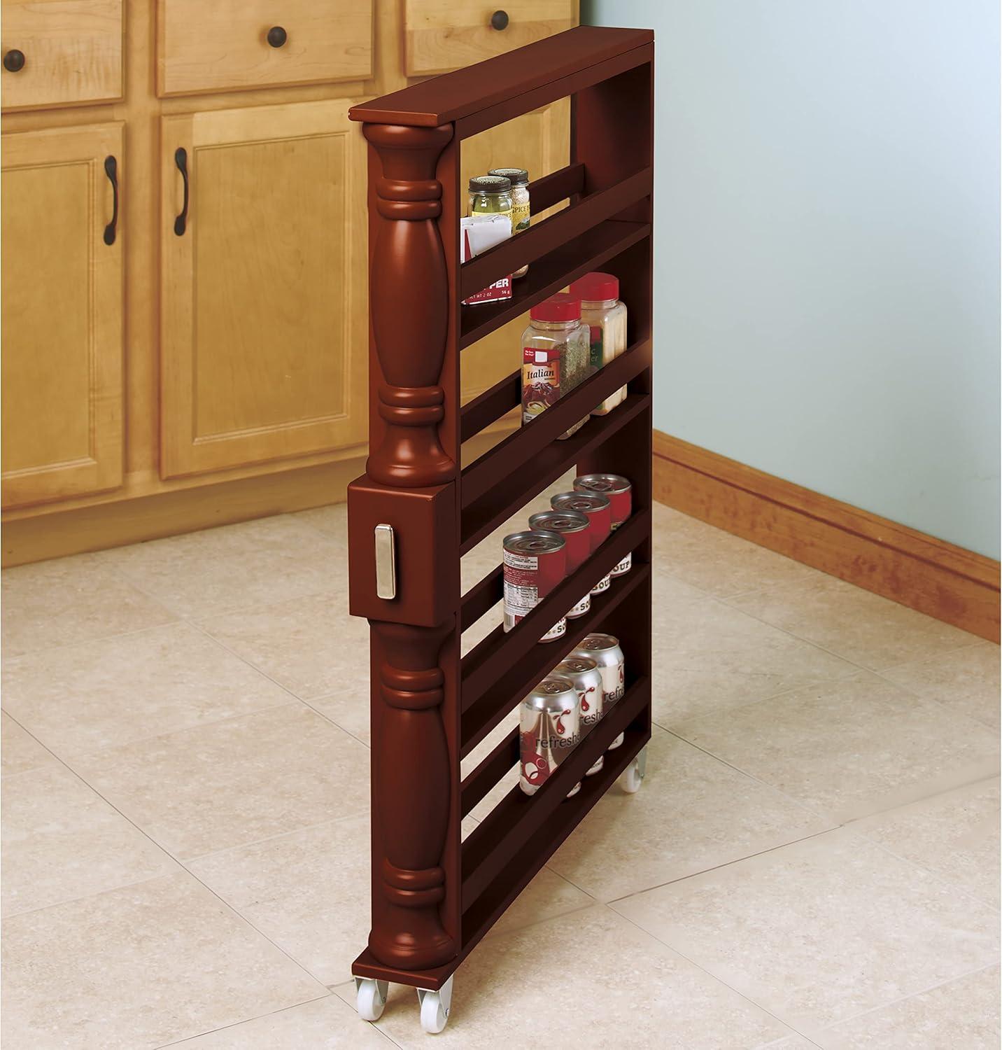 Wooden Can Organizer & Spice Rack - Slim Rolling Kitchen Cart - Natural Brown