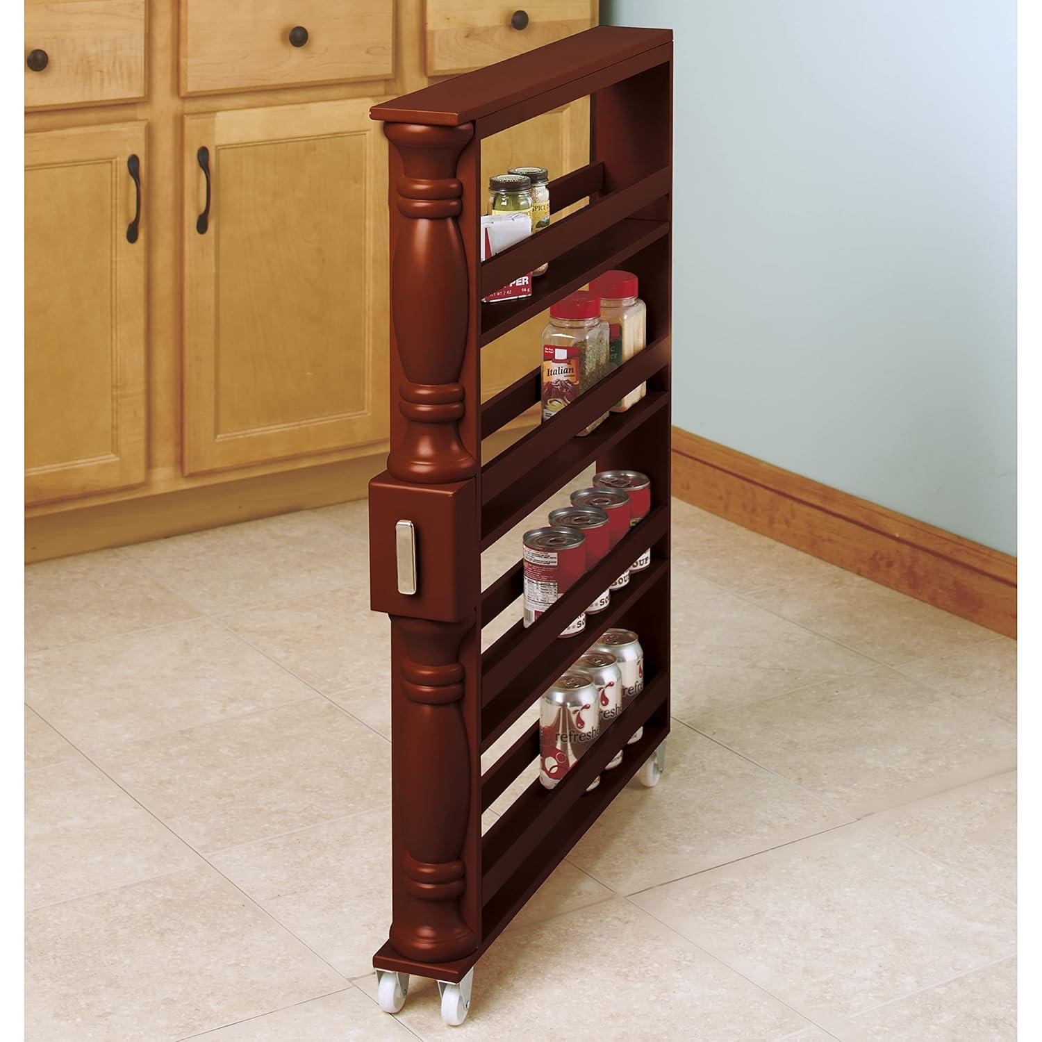 Wooden Can Organizer & Spice Rack - Slim Rolling Kitchen Cart - Natural Brown