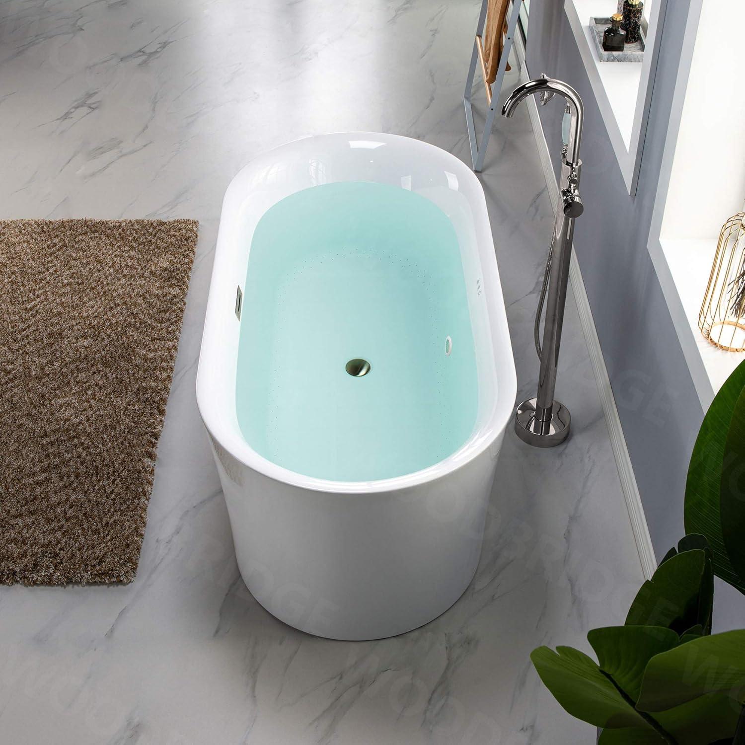 59'' White Acrylic Freestanding Soaking Bathtub with Brushed Nickel Overflow