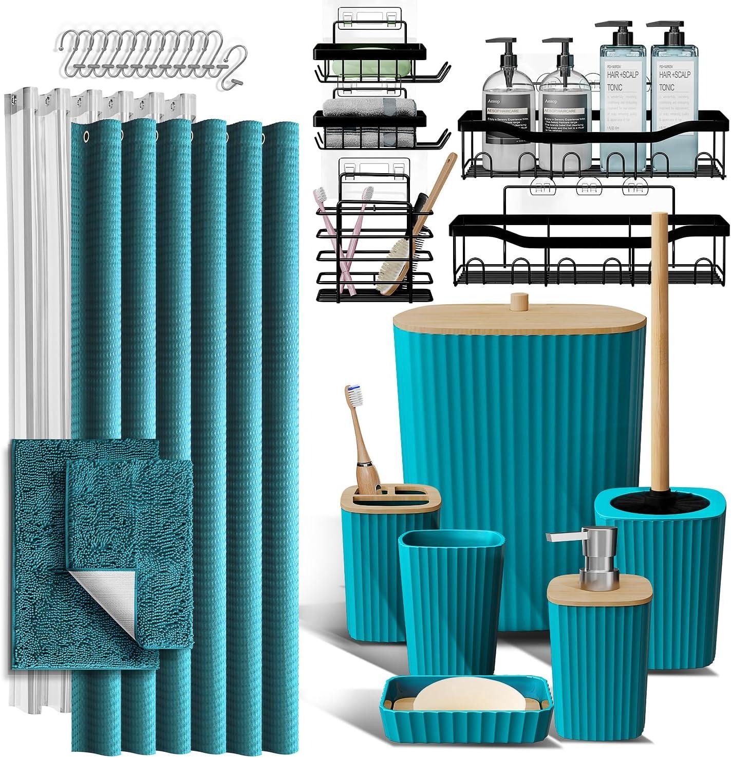 Bathroom Accessories Set with Shower Caddy and Bath Rugs - 27PC Bathroom Accessory Set with Shower Caddies & Teal Bath Rugs, Shower Curtain Set