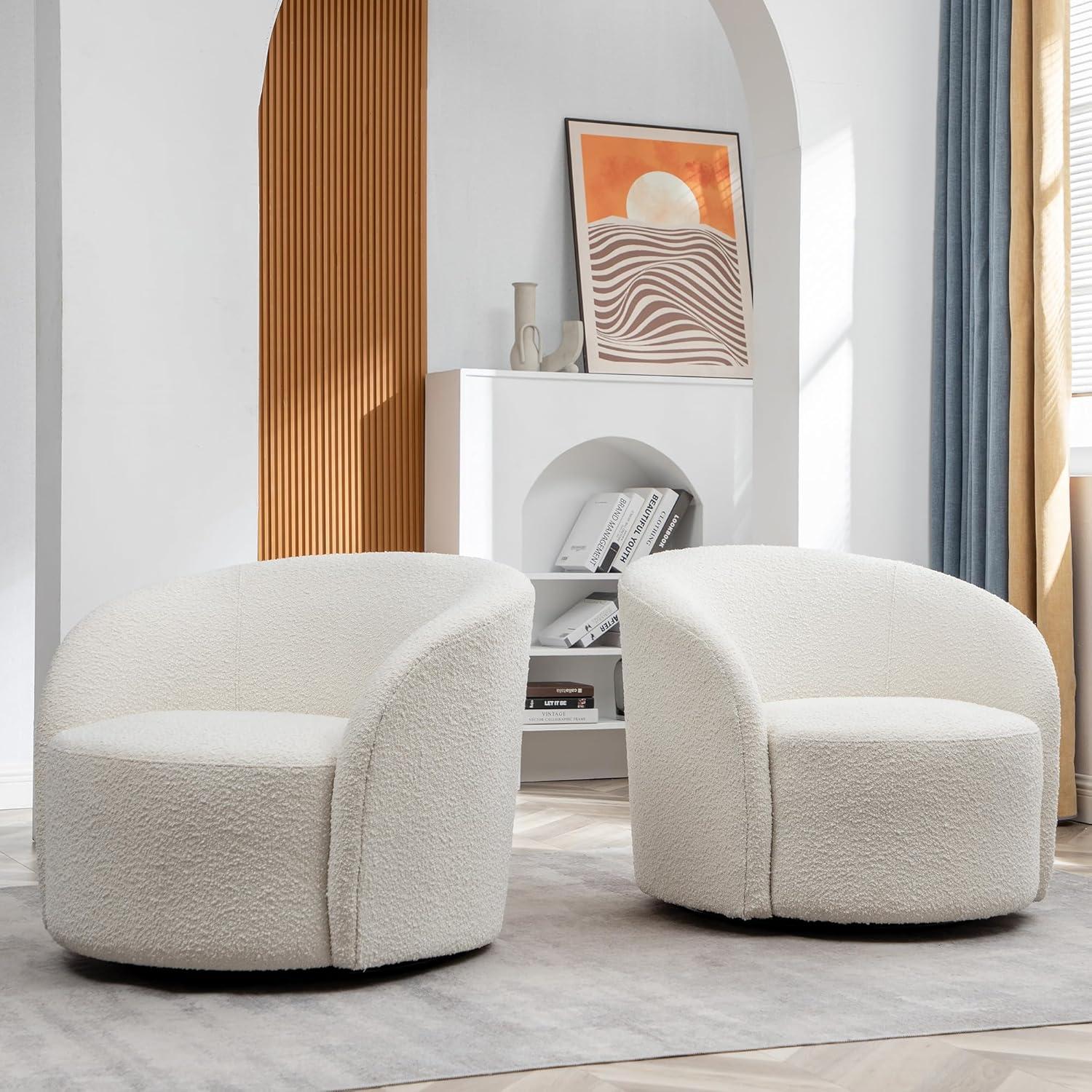 Cream Boucle Upholstered Swivel Barrel Chairs, Set of 2