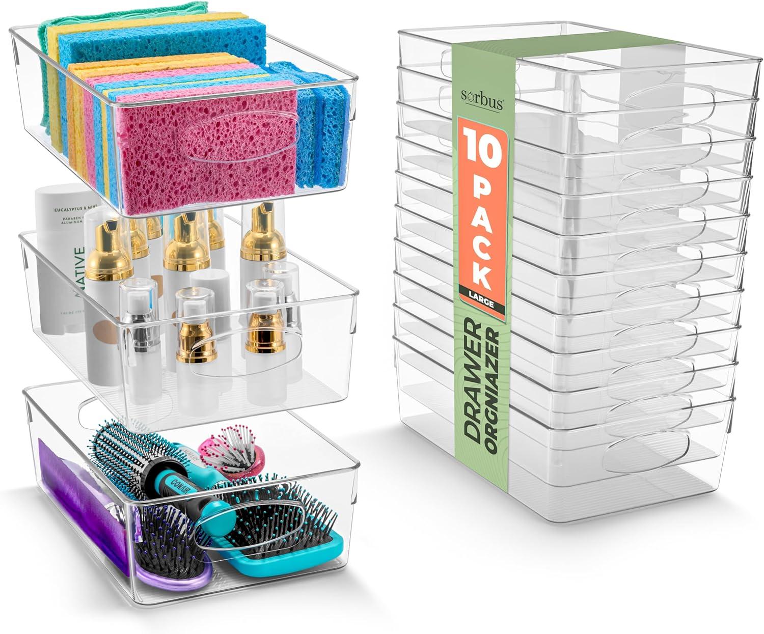 Sorbus Sorbus 10 Pack Narrow Clear Plastic Storage Bins with Handles for Shelves