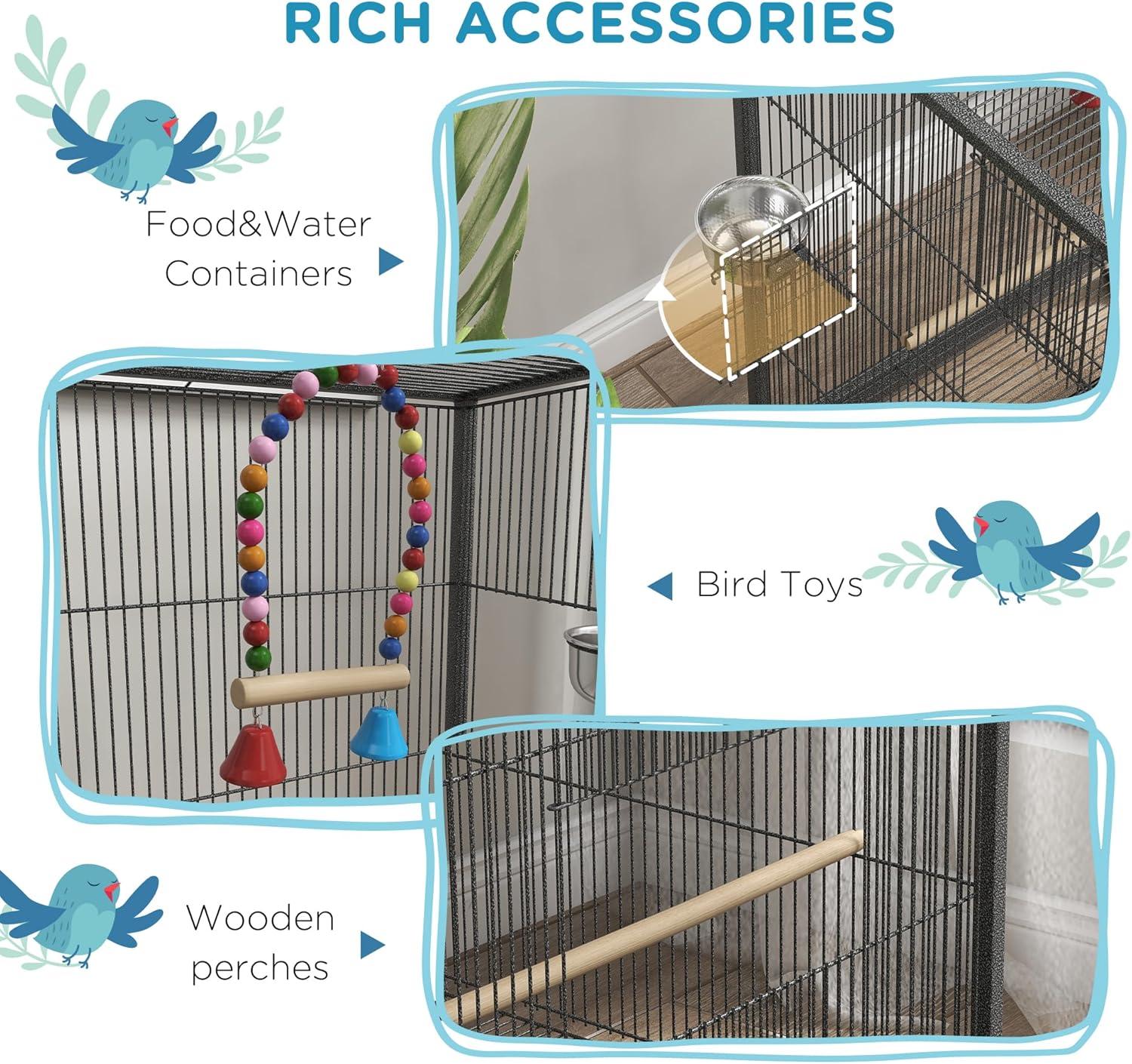 Pawhut Metal Bird Cage with Stand for Parrots, Lovebirds, Finches, Gray