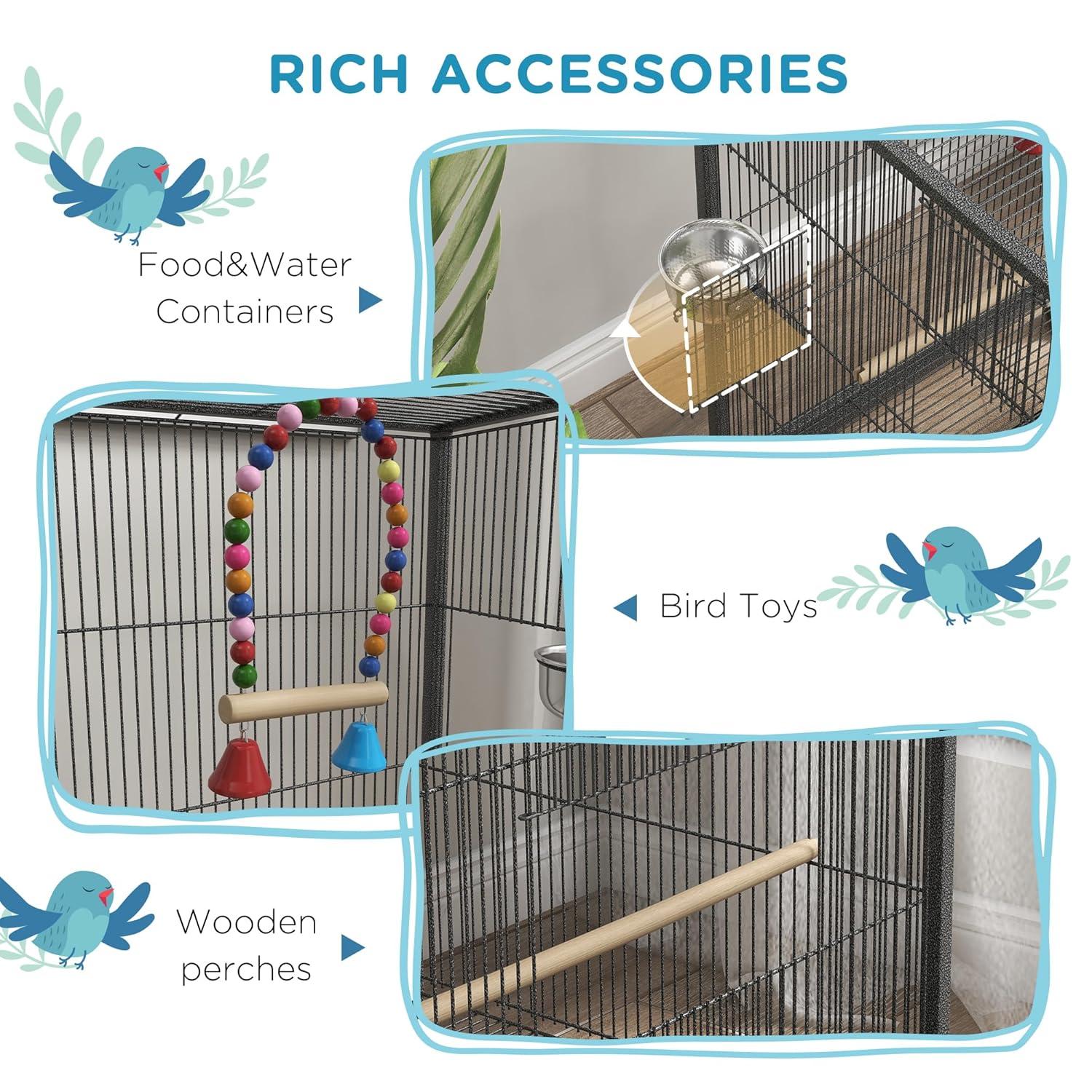 Pawhut Metal Bird Cage with Stand for Parrots, Lovebirds, Finches, Gray
