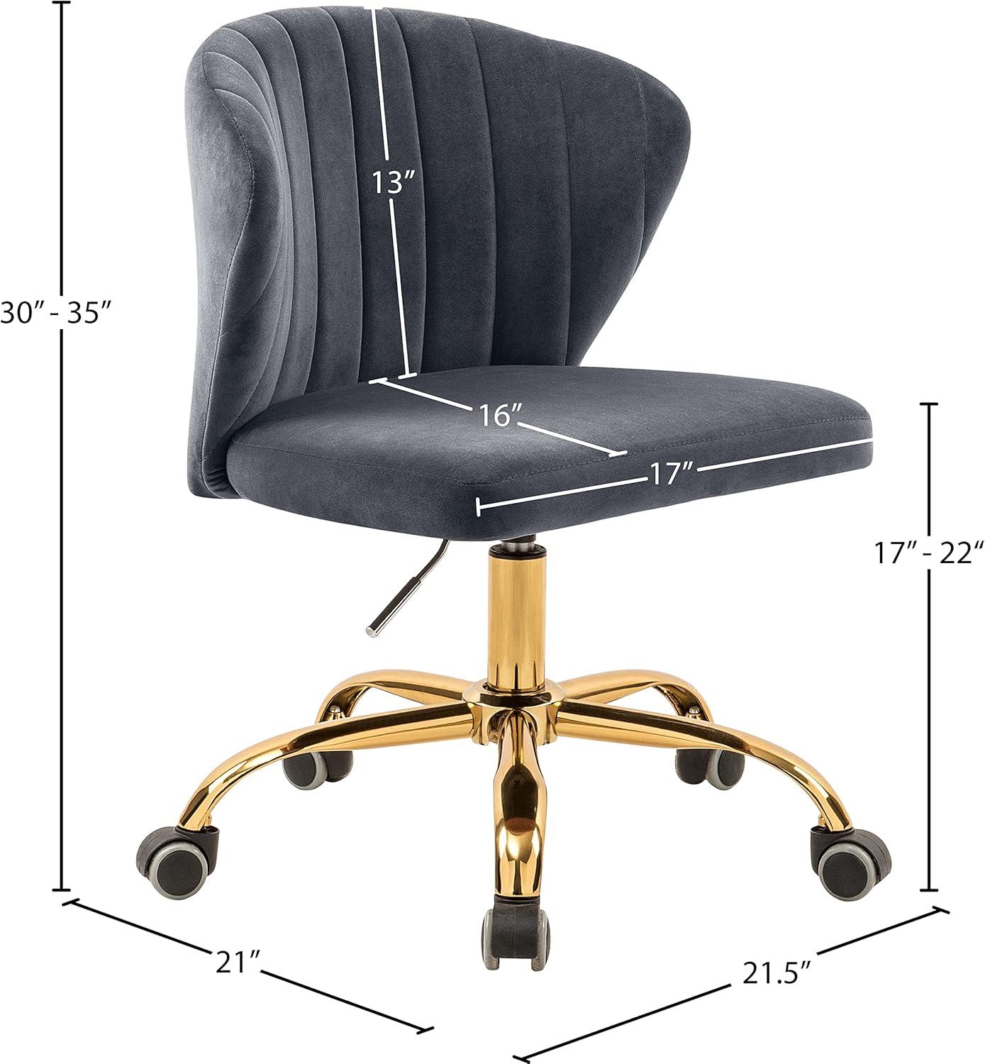 Meridian Furniture Finley Swivel Adjustable Gray Velvet and Gold Office Chair