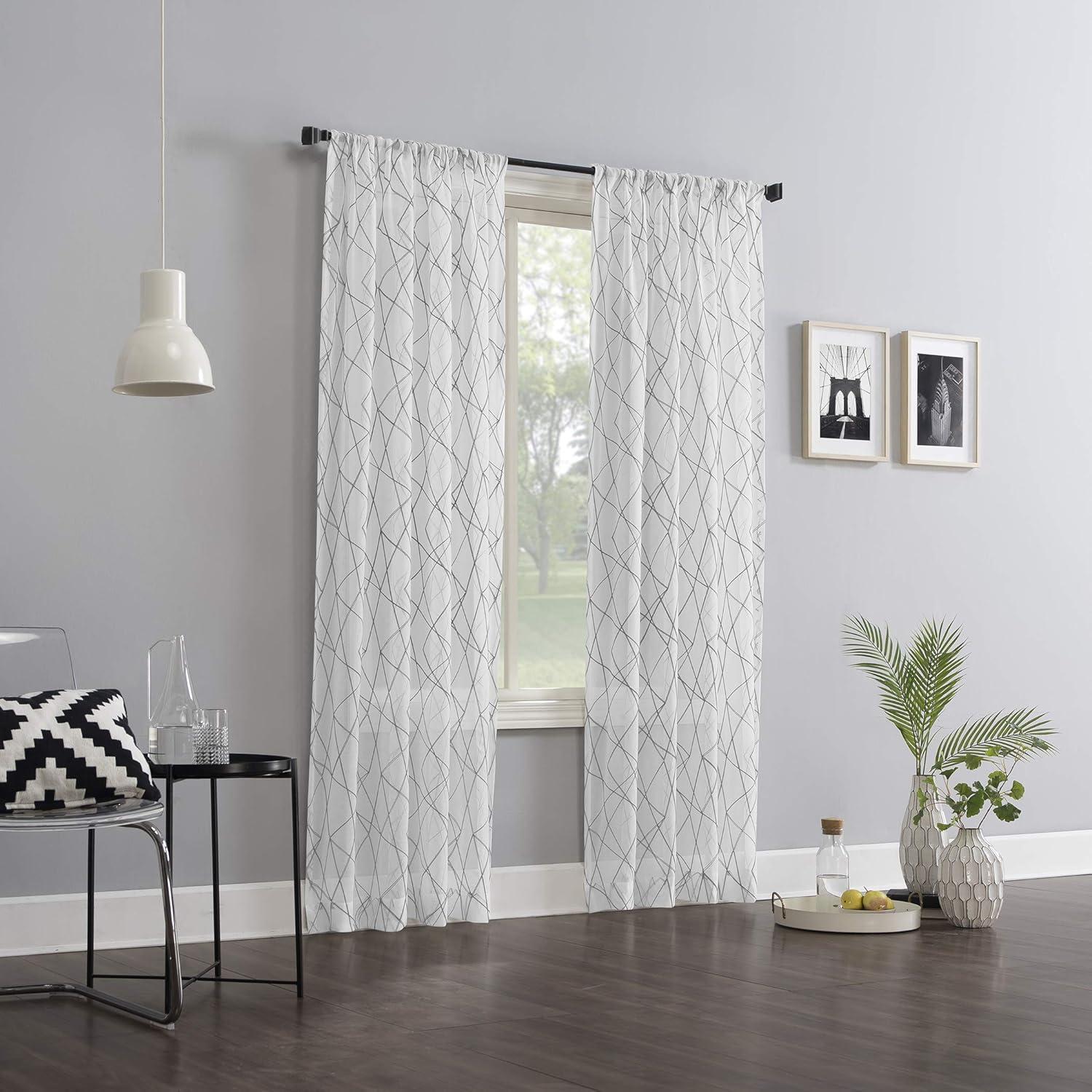 Gray Geometric Embroidery Semi-Sheer Rod Pocket Curtain Panels