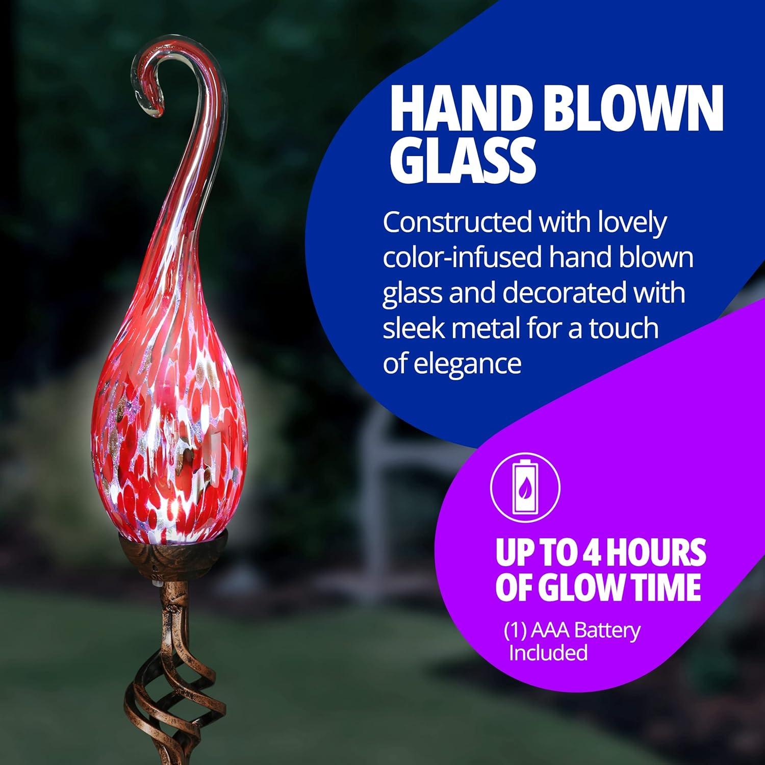 Exhart Solar Hand Blown Pearlized Glass Spiral Flame Garden Stake with Metal Finial Detail, 36 Inch