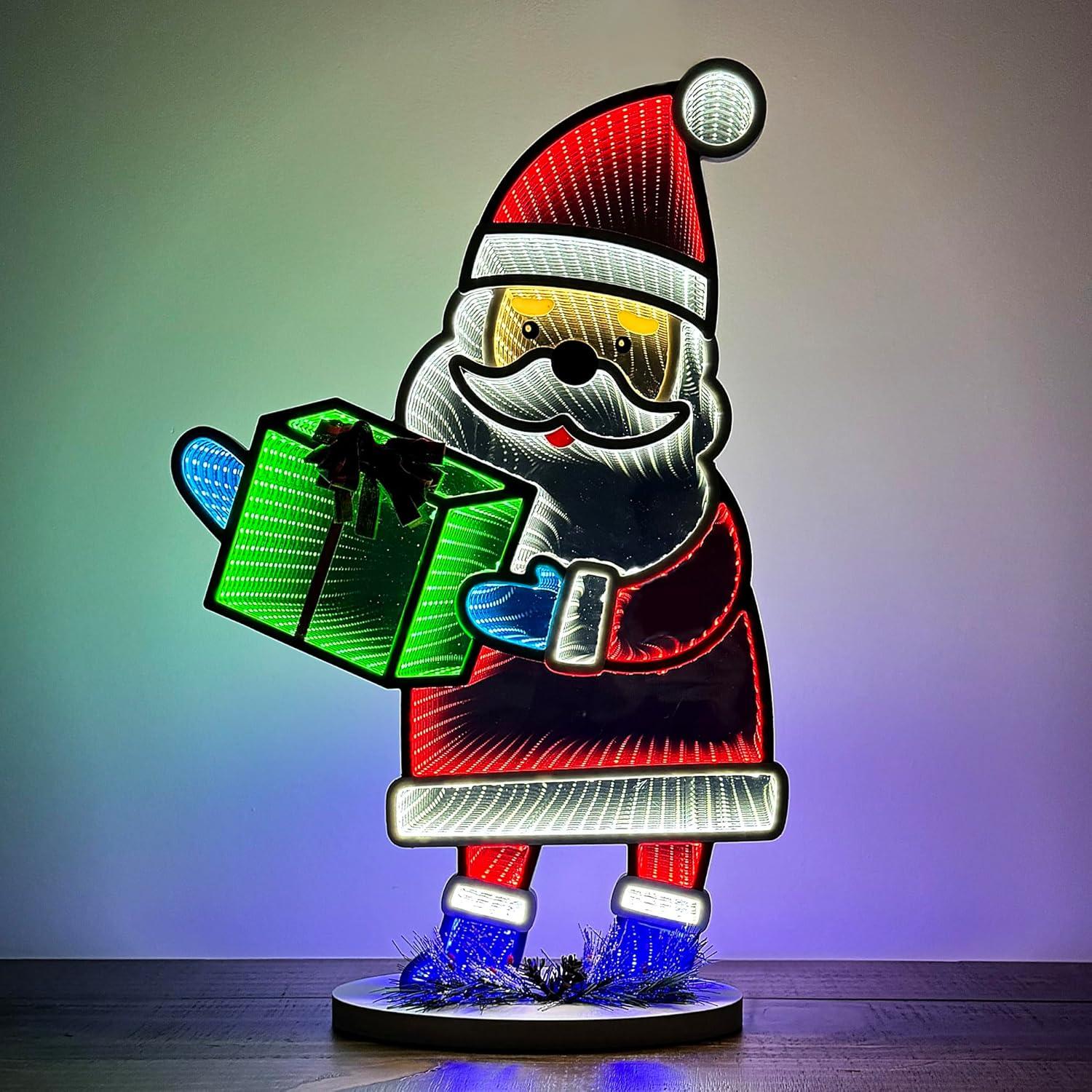 Elumina Decor Santa Infinity Mirror Light with Stand - LED Christmas Decoration - USB-Powered - Santa Claus 3D LED Infinity Light - Indoor Seasonal Holiday Decor for Windows or Tables - 16" x 24"