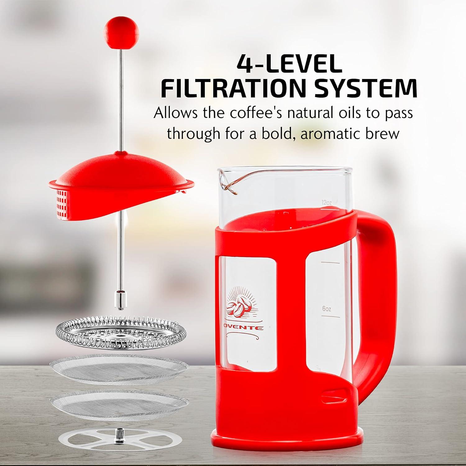 Ovente FPT34R OVENTE French Press Coffee Maker, Heat Resistant Borosilicate Glass with 4 Filter Stainless-Steel System, BPA-Free Portable Pitcher Perfect for Hot & Cold Brew