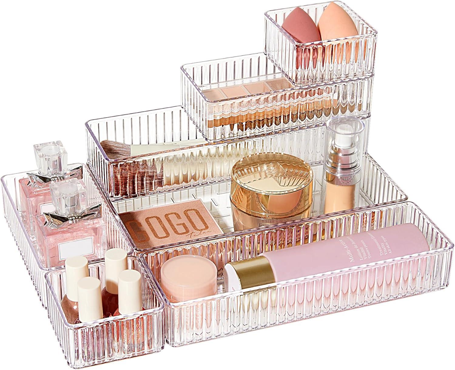 Hokku Designs 7 PCS Clear Drawer Organizers Bins, 4-Size Stackable Makeup And Vanity Drawer Organizer Trays, Acrylic Bathroom Drawer Storage Containers