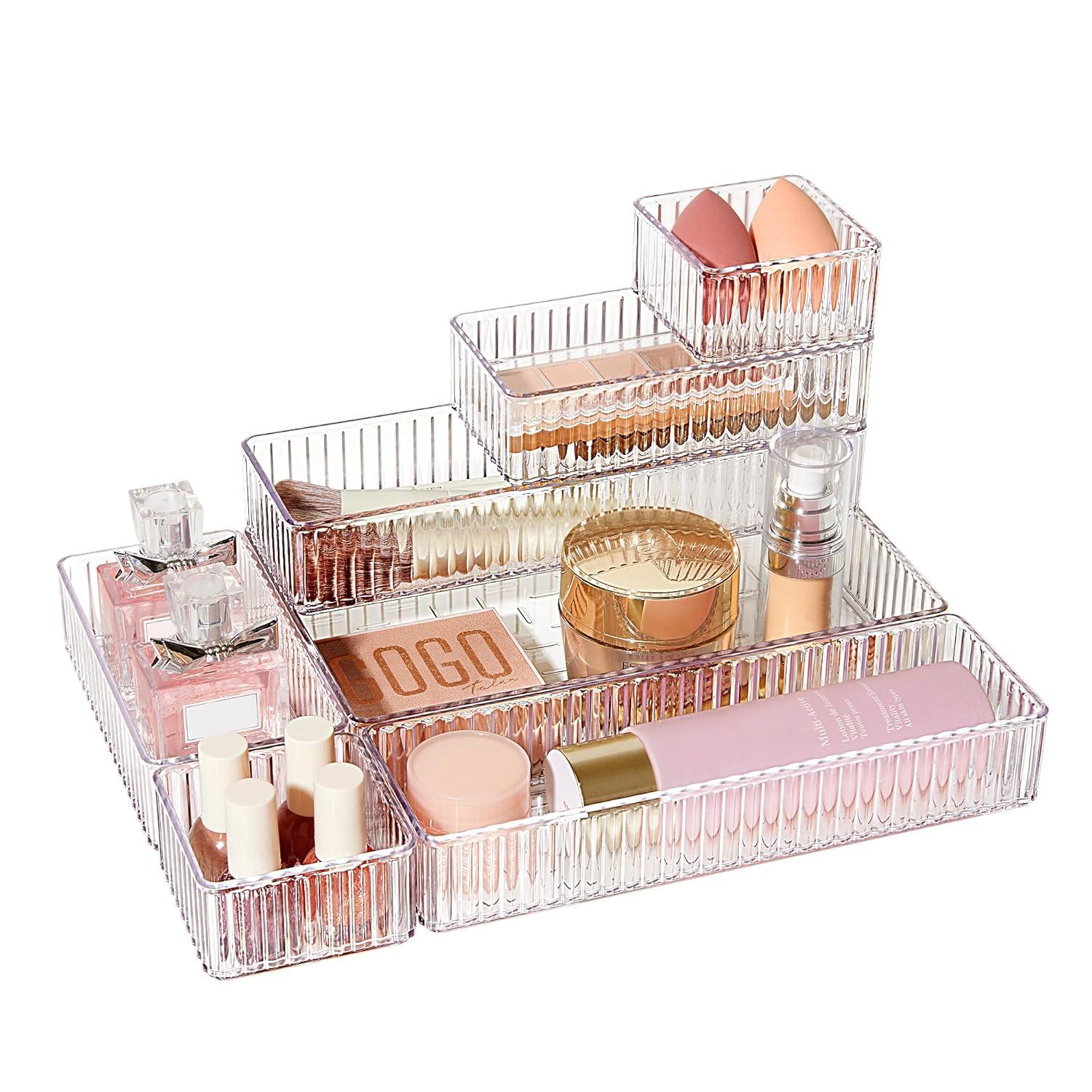Hokku Designs 7 PCS Clear Drawer Organizers Bins, 4-Size Stackable Makeup And Vanity Drawer Organizer Trays, Acrylic Bathroom Drawer Storage Containers