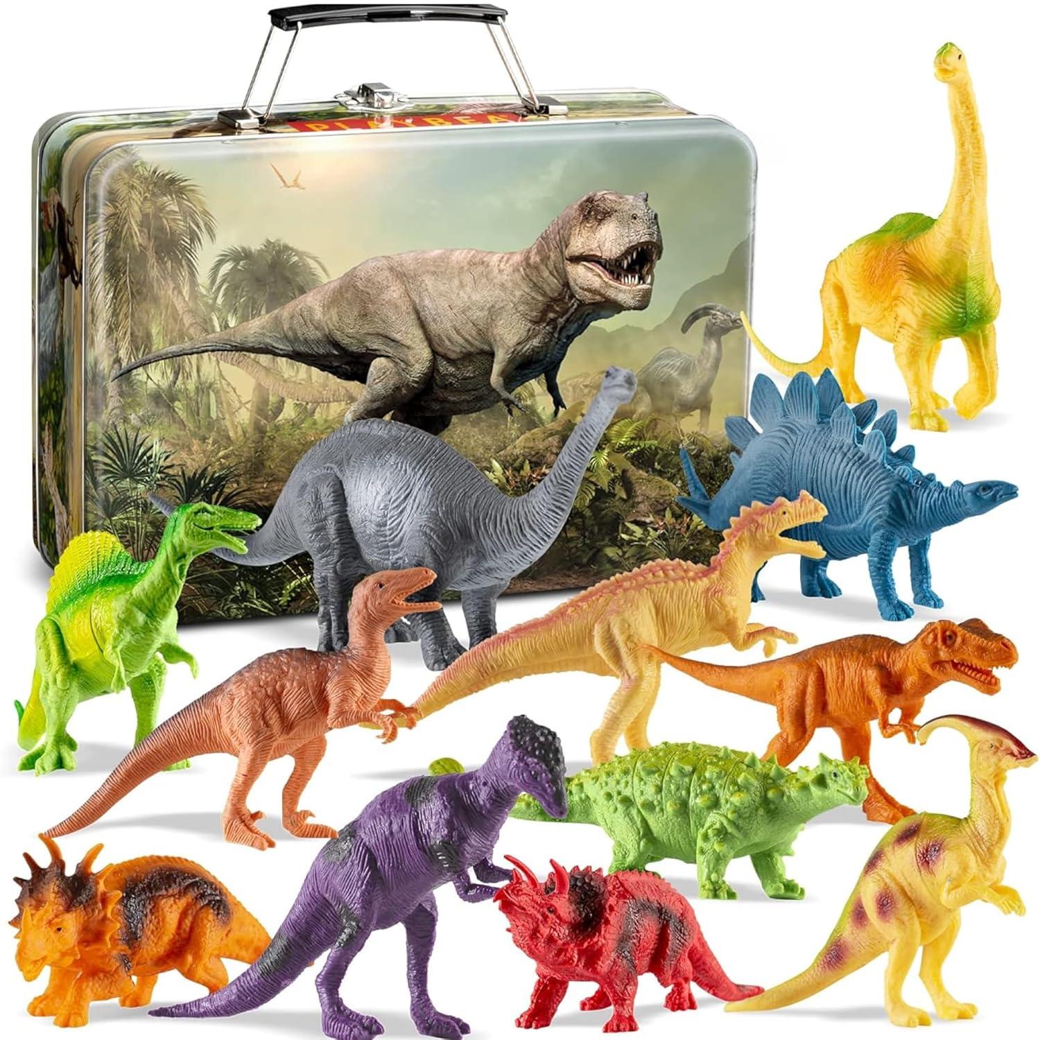 PLAYVIBE Dinosaur Toys for Kids - 12 Realistic Small Dinosaur Figures with Metal Storage Box & Soft Dino for Boys and Girls 3-7 Years - Spinosaurus Toddler Toys